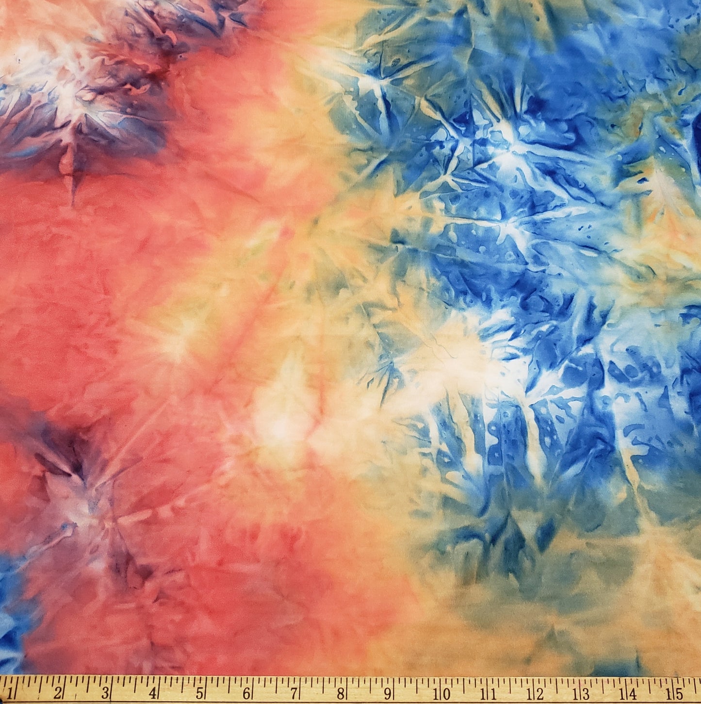 Shades of Orange, Blue, Yellow and Green Fire Tie Dye Print Poly Spandex Fabric