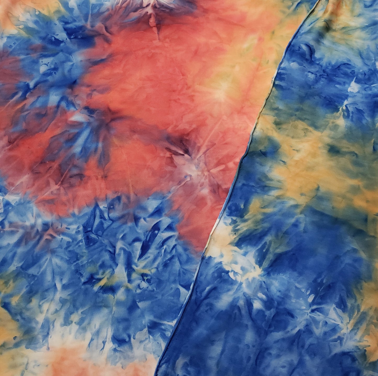 Shades of Orange, Blue, Yellow and Green Fire Tie Dye Print Poly Spandex Fabric