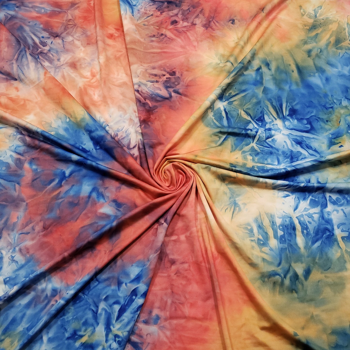 Shades of Orange, Blue, Yellow and Green Fire Tie Dye Print Poly Spandex Fabric