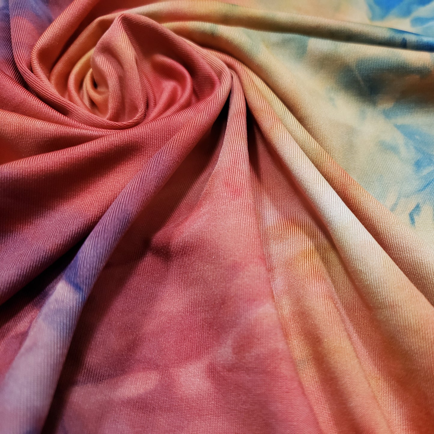 Shades of Orange, Blue, Yellow and Green Fire Tie Dye Print Poly Spandex Fabric