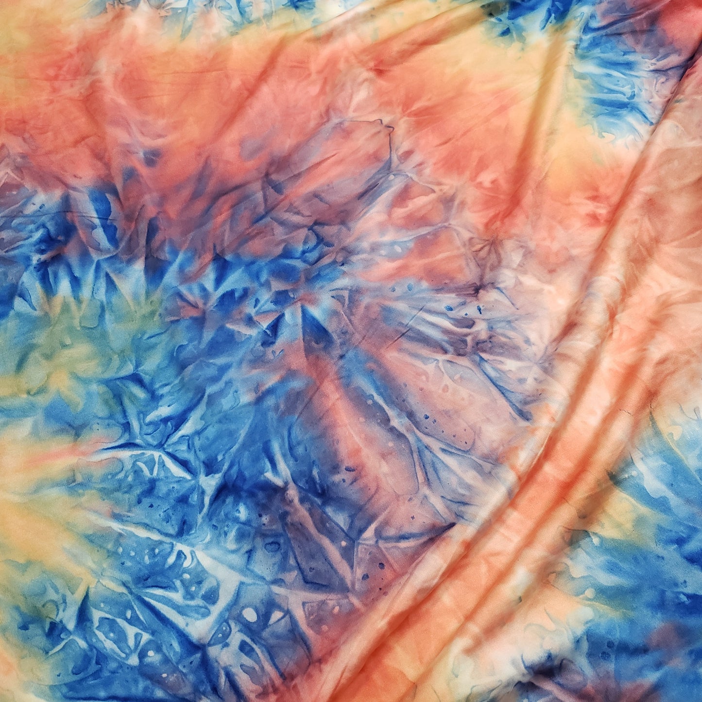 Shades of Orange, Blue, Yellow and Green Fire Tie Dye Print Poly Spandex Fabric