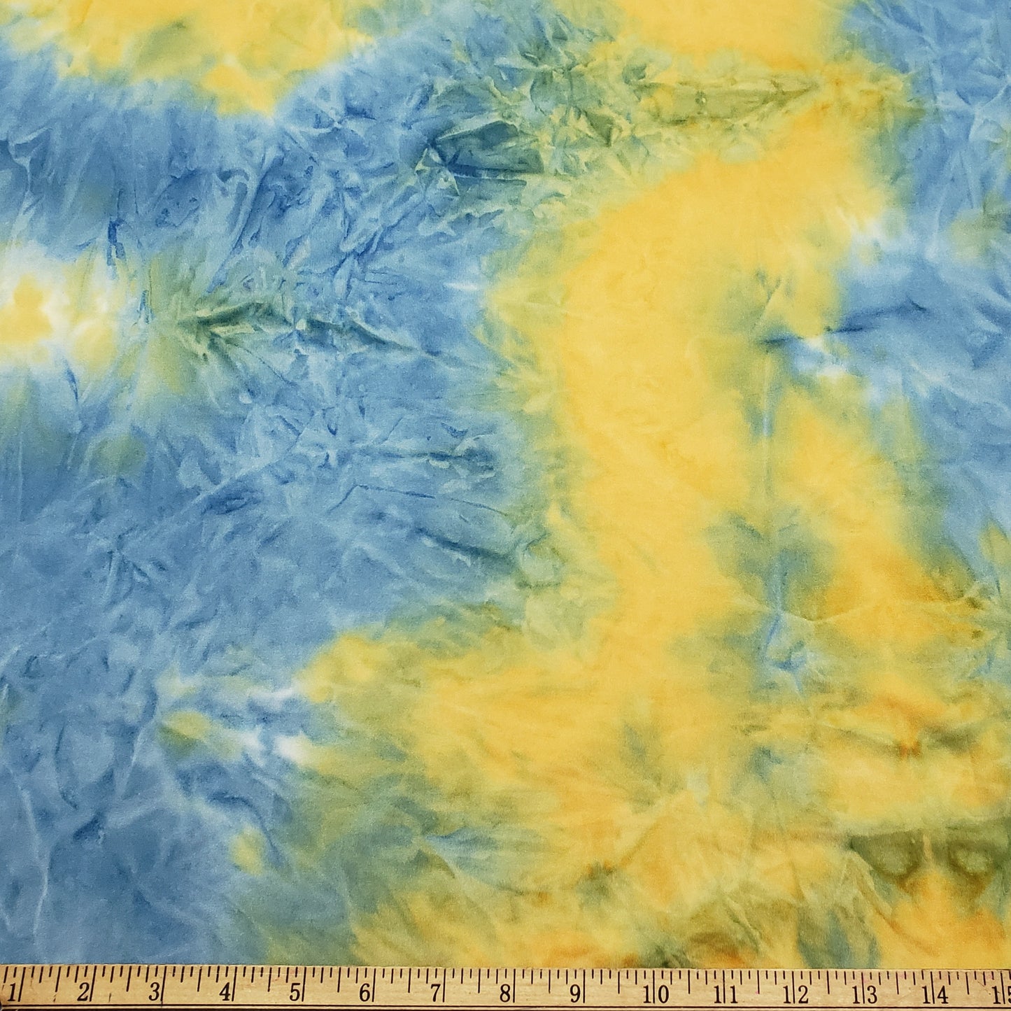Blue, Yellow and Green Tie Dye Print Lightweight Poly Spandex Fabric