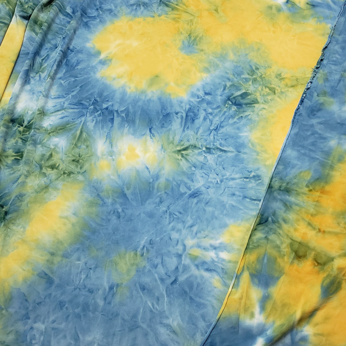 Blue, Yellow and Green Tie Dye Print Lightweight Poly Spandex Fabric