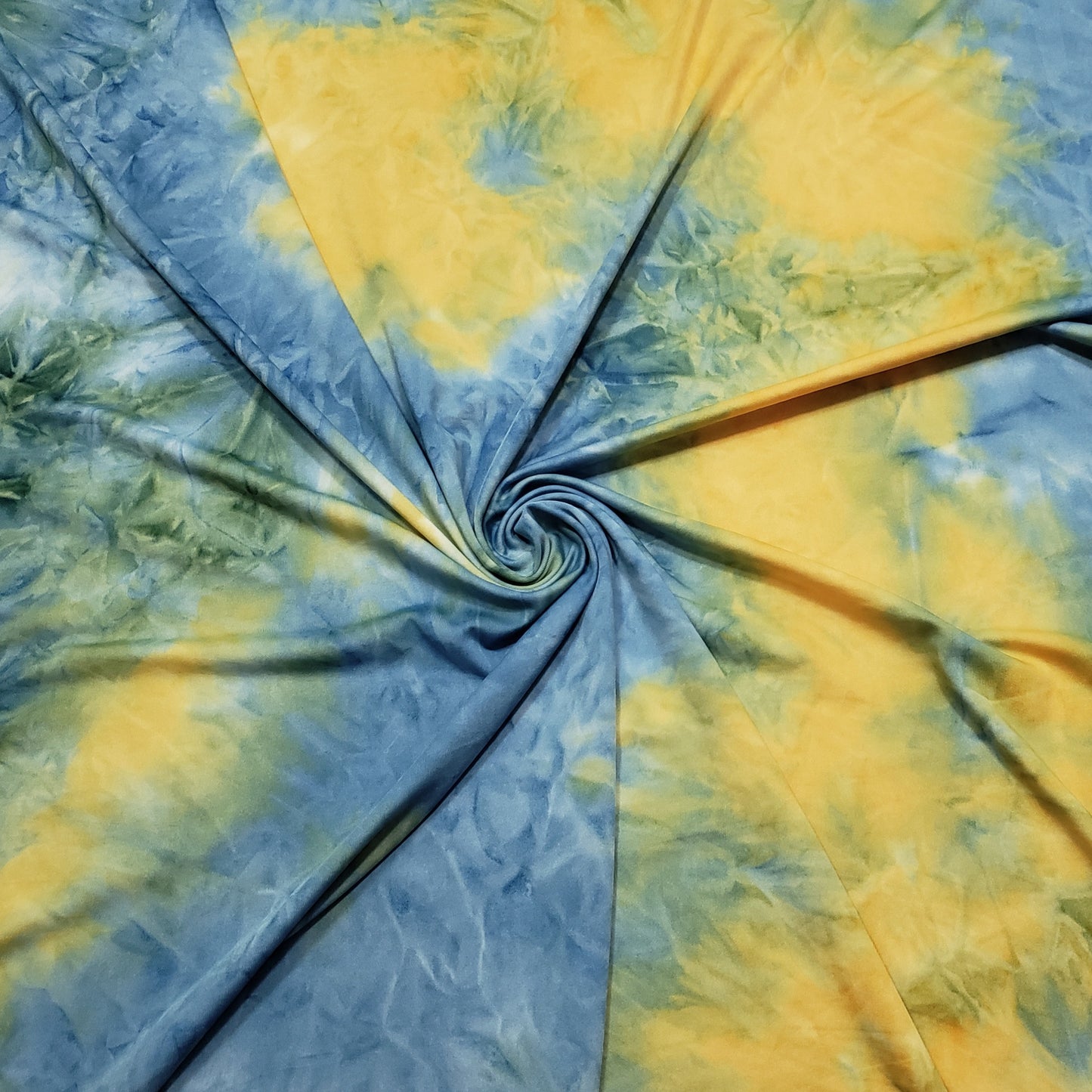 Blue, Yellow and Green Tie Dye Print Lightweight Poly Spandex Fabric