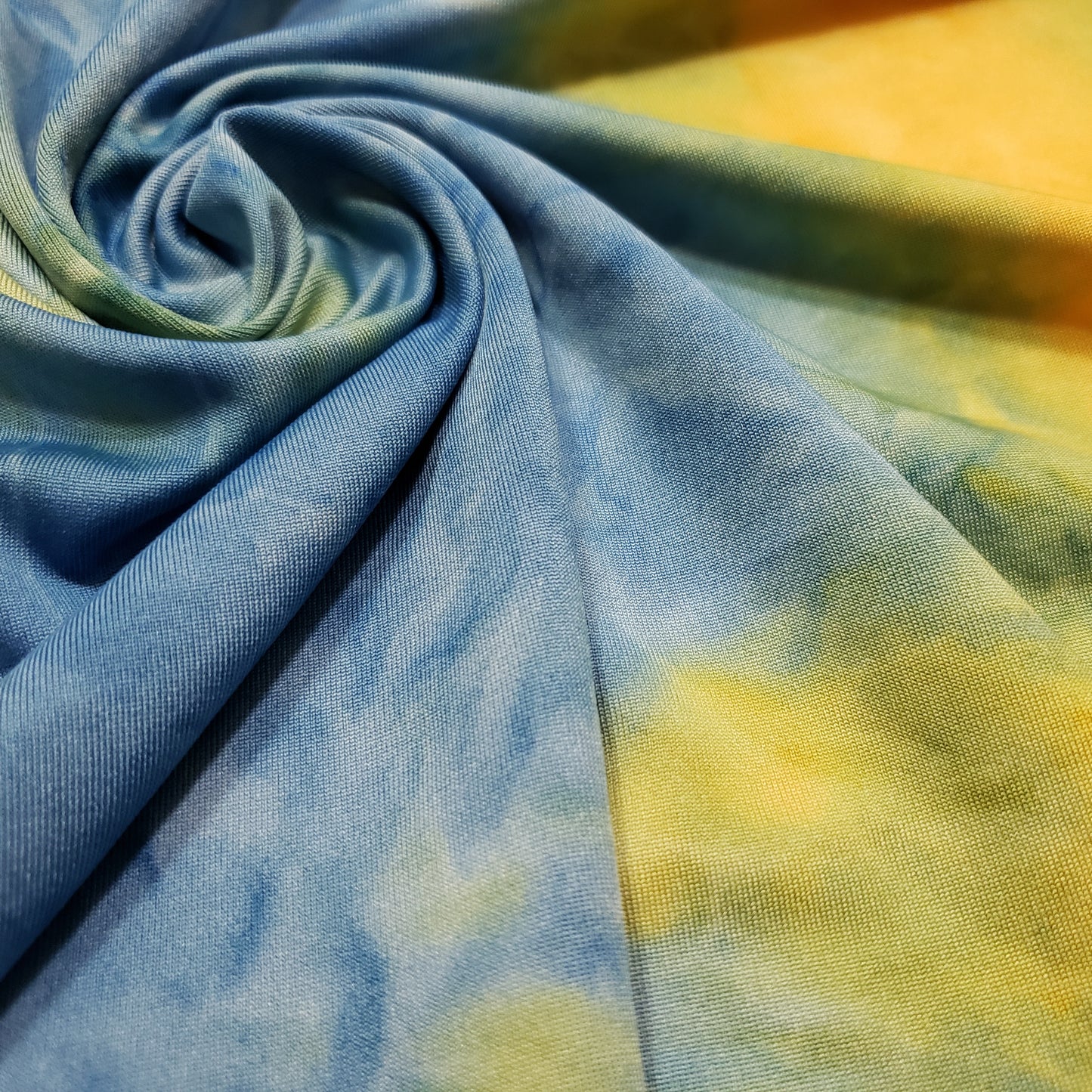 Blue, Yellow and Green Tie Dye Print Lightweight Poly Spandex Fabric