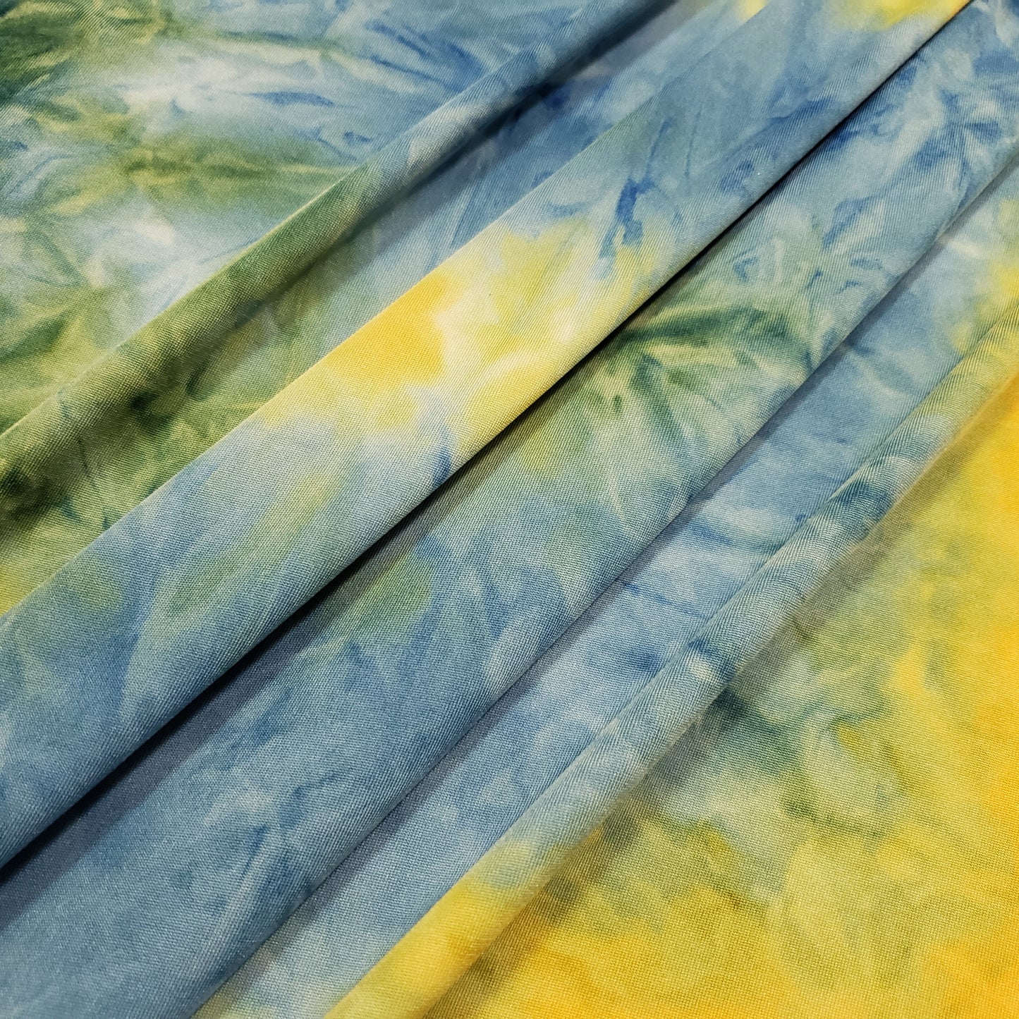 Blue, Yellow and Green Tie Dye Print Lightweight Poly Spandex Fabric