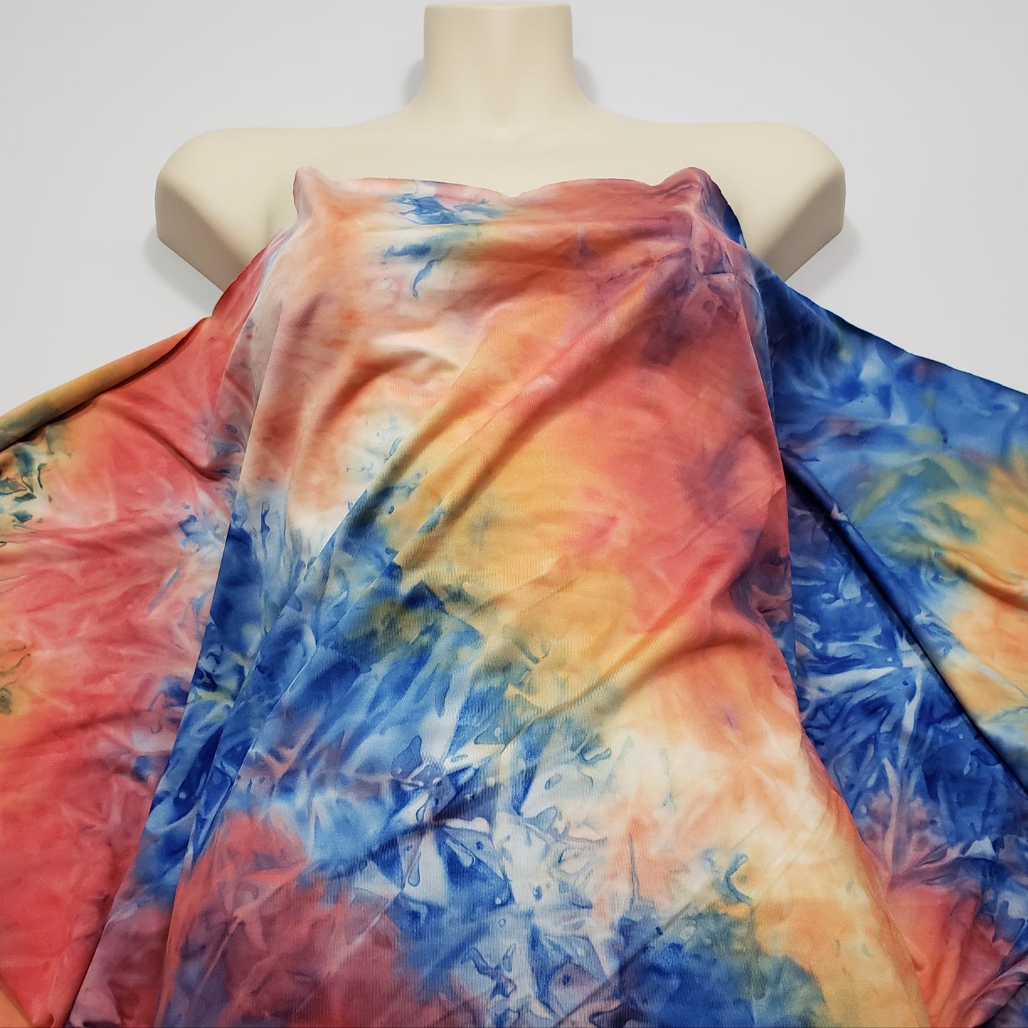 Shades of Orange, Blue, Yellow and Green Fire Tie Dye Print Poly Spandex Fabric