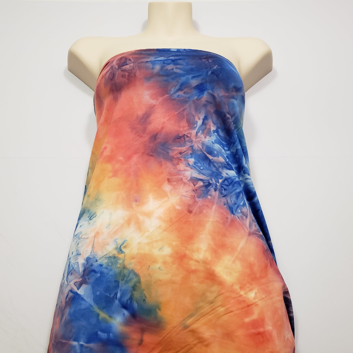Shades of Orange, Blue, Yellow and Green Fire Tie Dye Print Poly Spandex Fabric