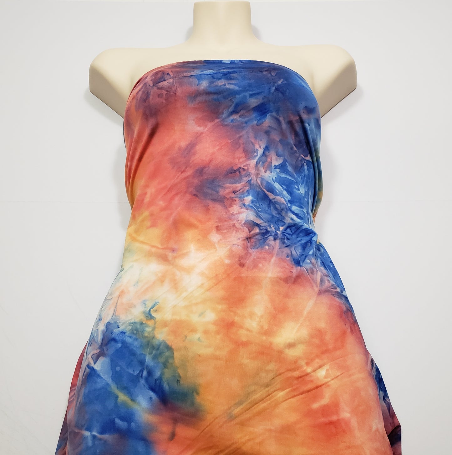 Shades of Orange, Blue, Yellow and Green Fire Tie Dye Print Poly Spandex Fabric