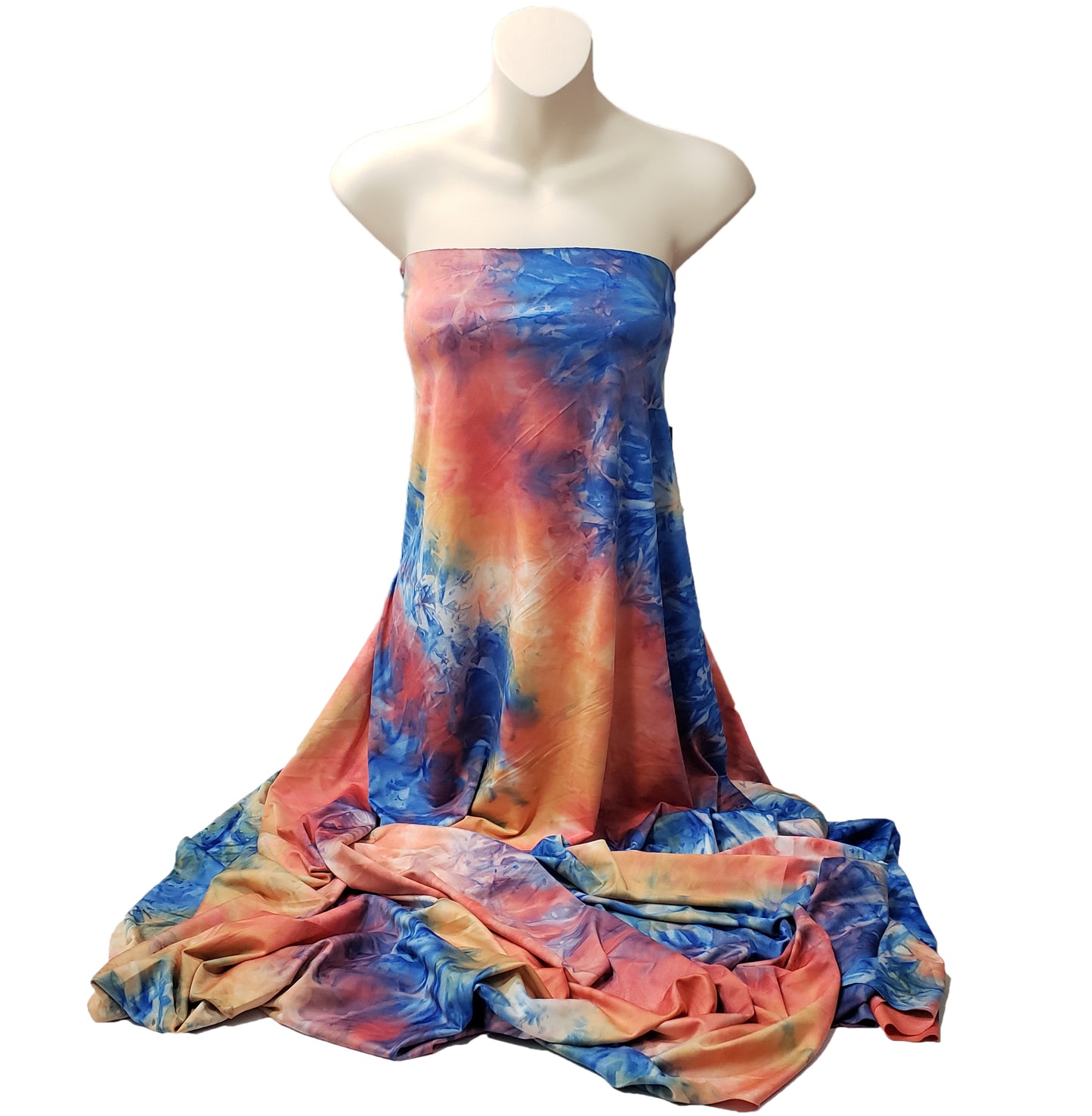 Shades of Orange, Blue, Yellow and Green Fire Tie Dye Print Poly Spandex Fabric