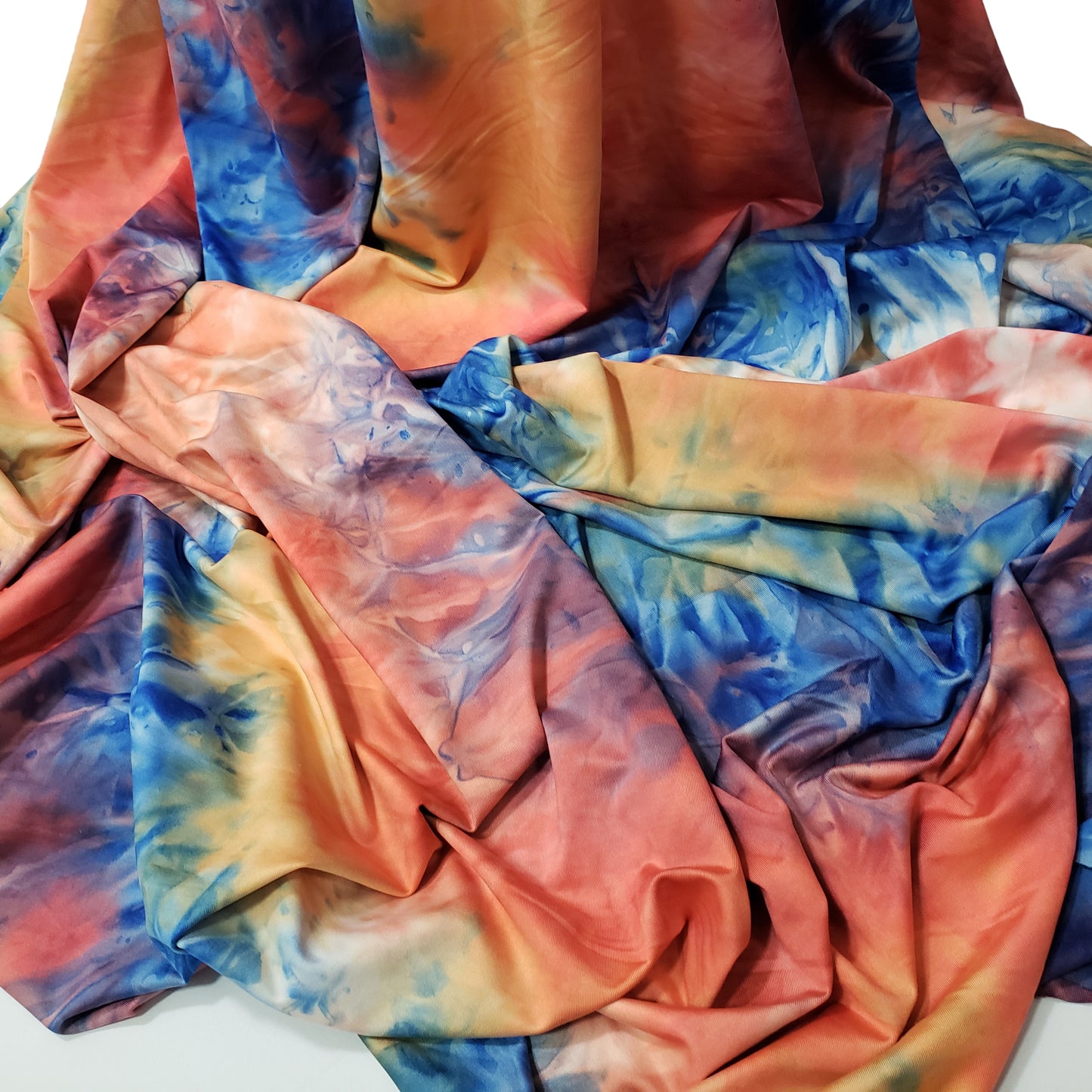 Shades of Orange, Blue, Yellow and Green Fire Tie Dye Print Poly Spandex Fabric