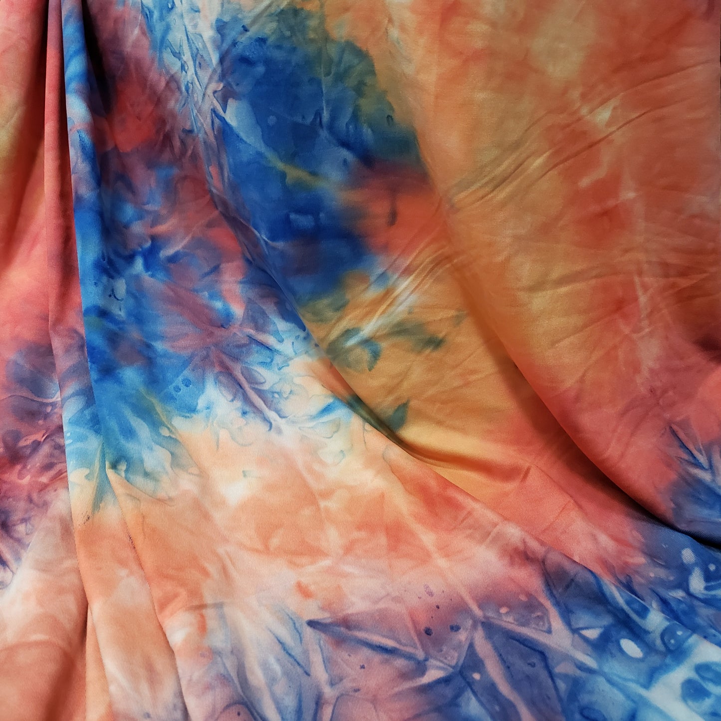 Shades of Orange, Blue, Yellow and Green Fire Tie Dye Print Poly Spandex Fabric