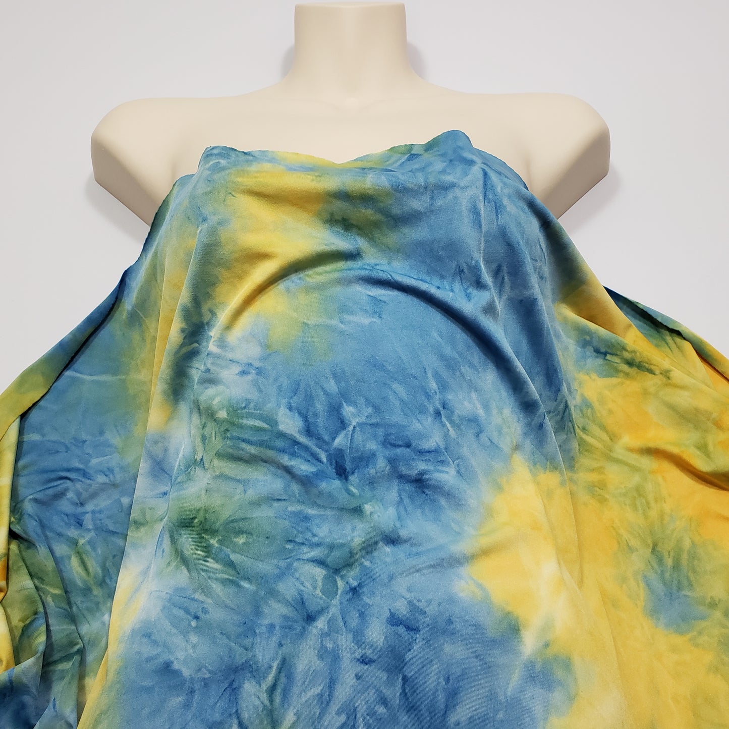 Blue, Yellow and Green Tie Dye Print Lightweight Poly Spandex Fabric