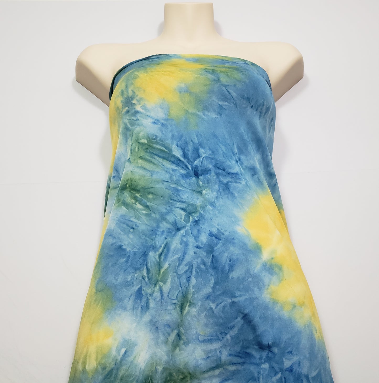 Blue, Yellow and Green Tie Dye Print Lightweight Poly Spandex Fabric