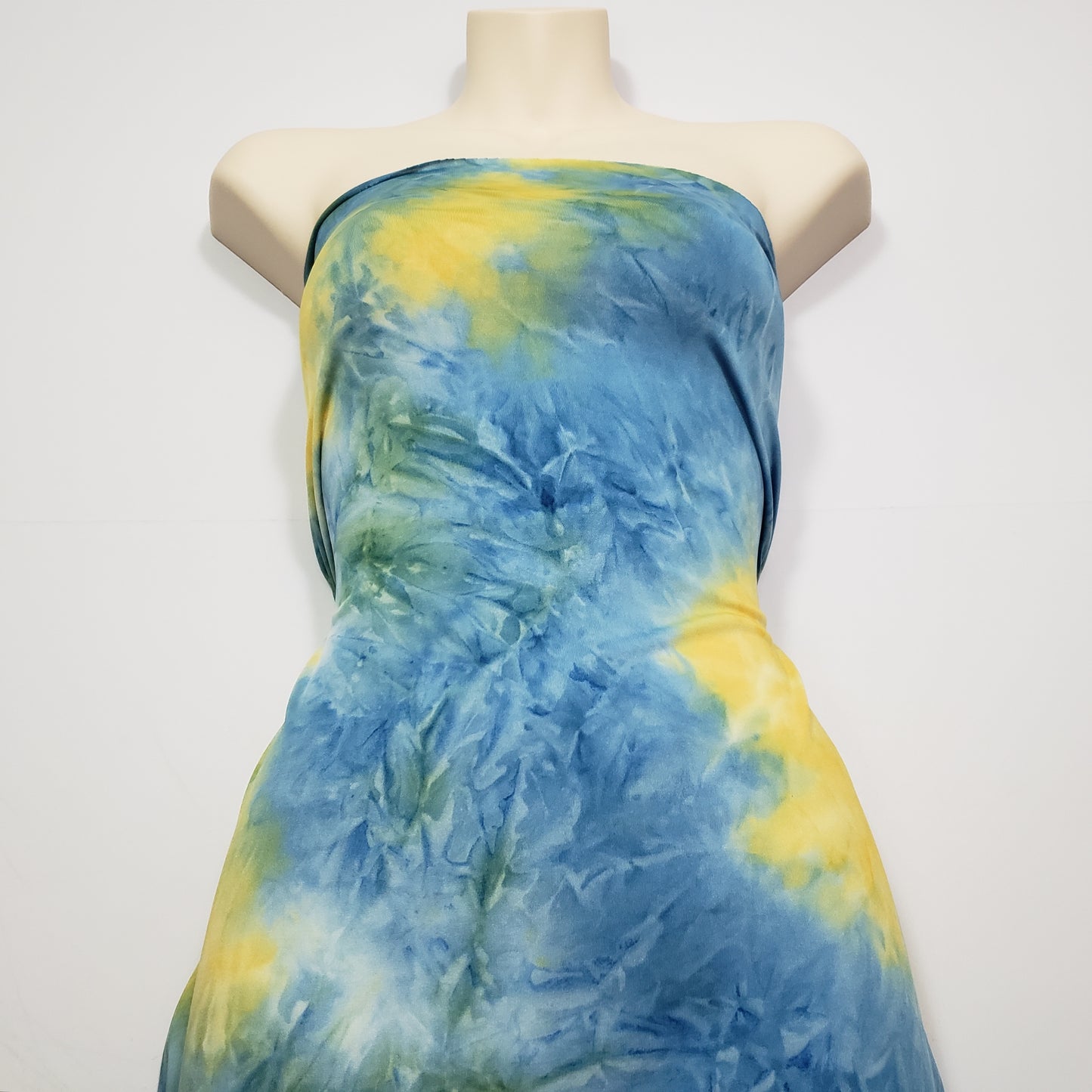 Blue, Yellow and Green Tie Dye Print Lightweight Poly Spandex Fabric