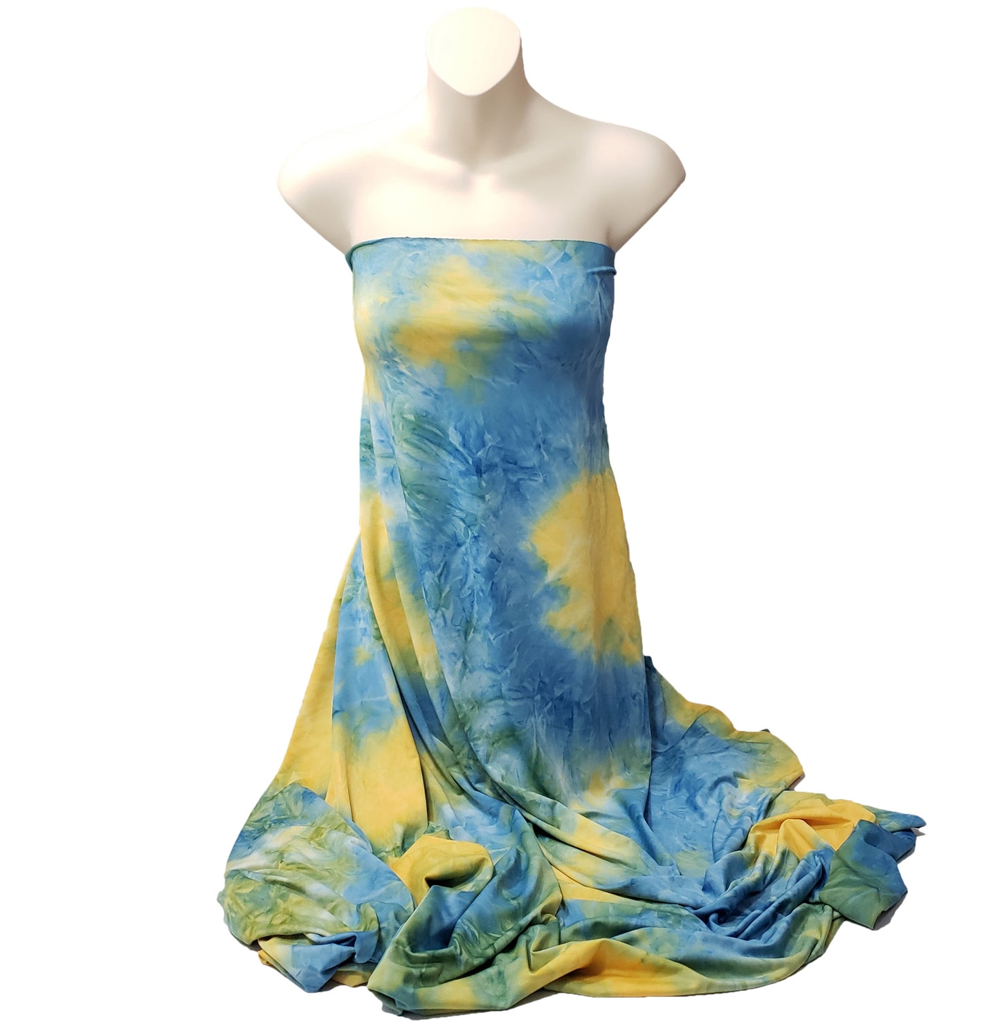 Blue, Yellow and Green Tie Dye Print Lightweight Poly Spandex Fabric
