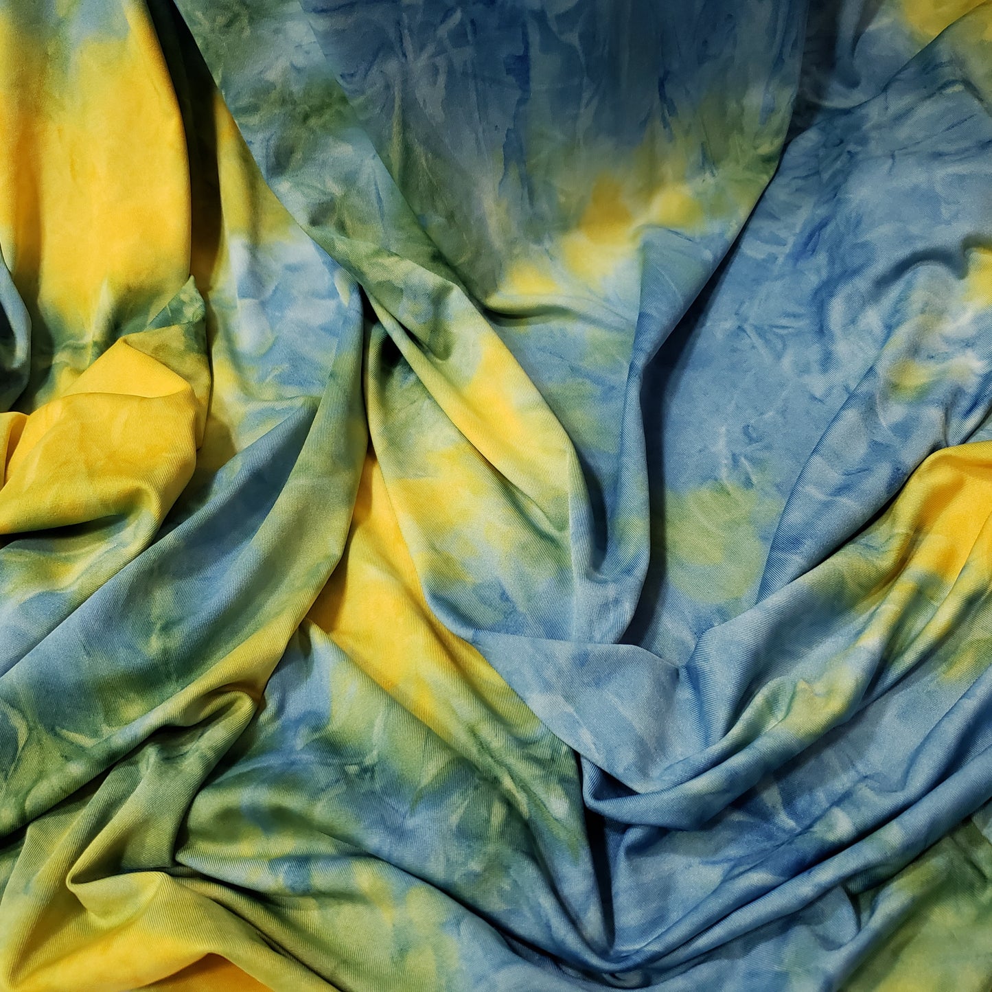 Blue, Yellow and Green Tie Dye Print Lightweight Poly Spandex Fabric