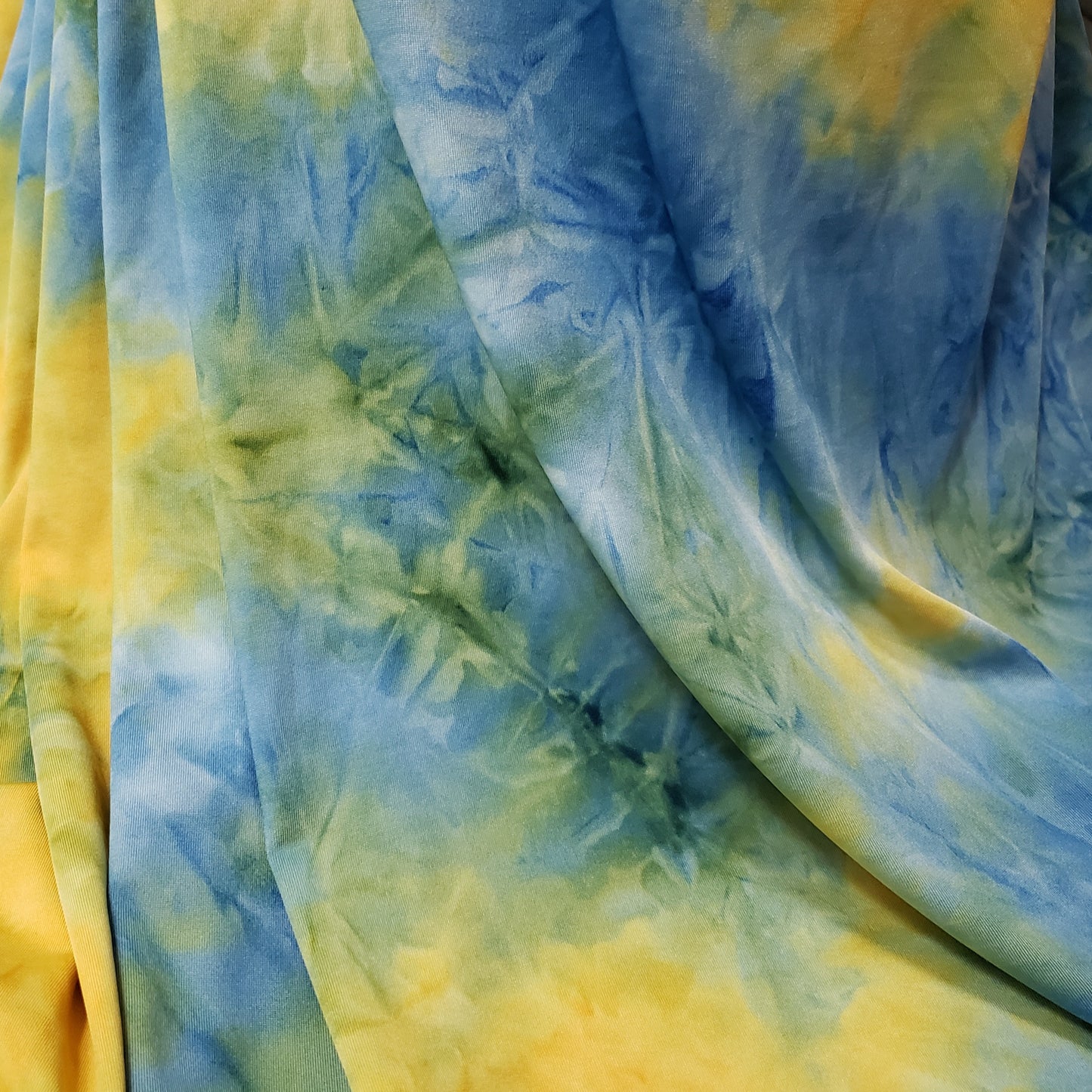 Blue, Yellow and Green Tie Dye Print Lightweight Poly Spandex Fabric