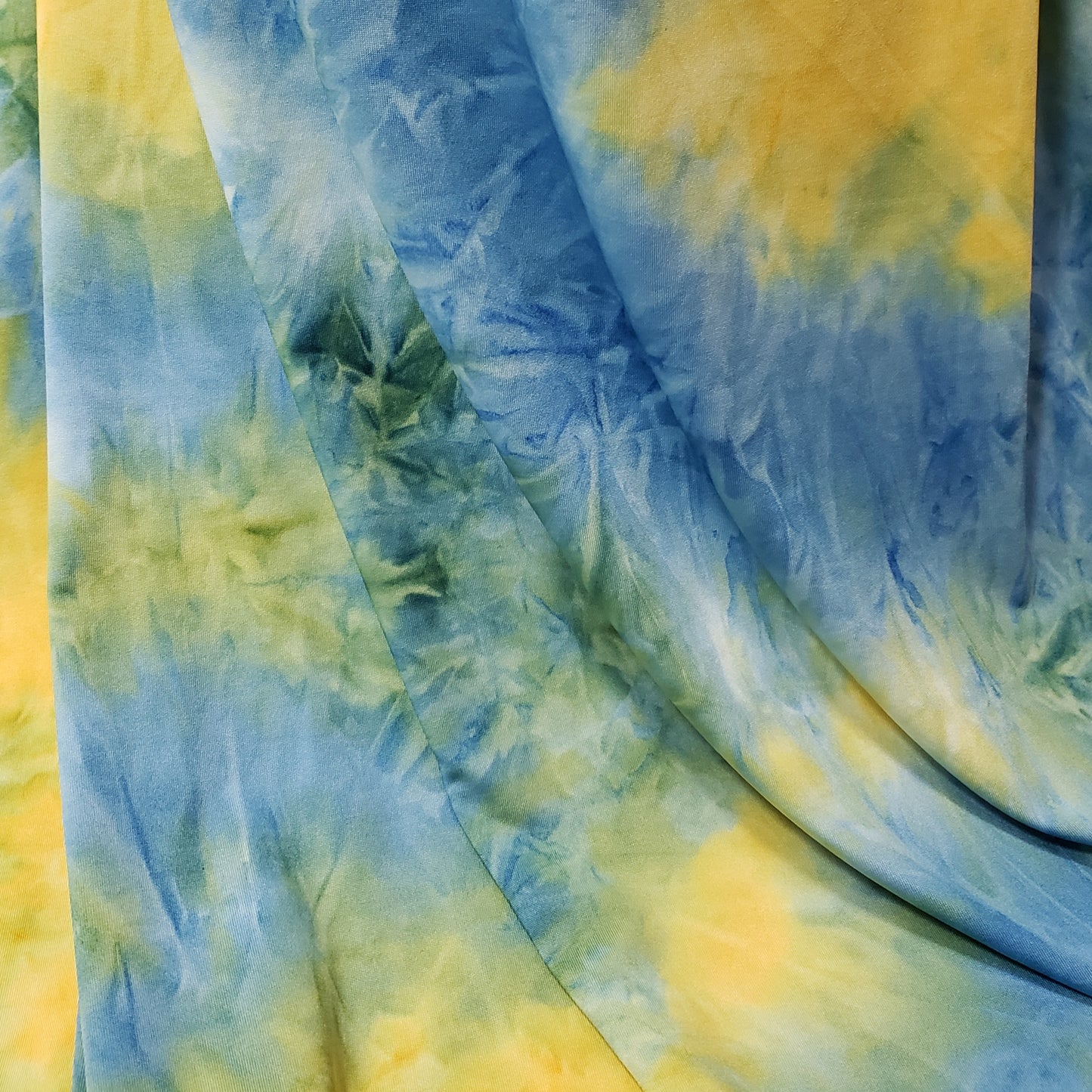 Blue, Yellow and Green Tie Dye Print Lightweight Poly Spandex Fabric
