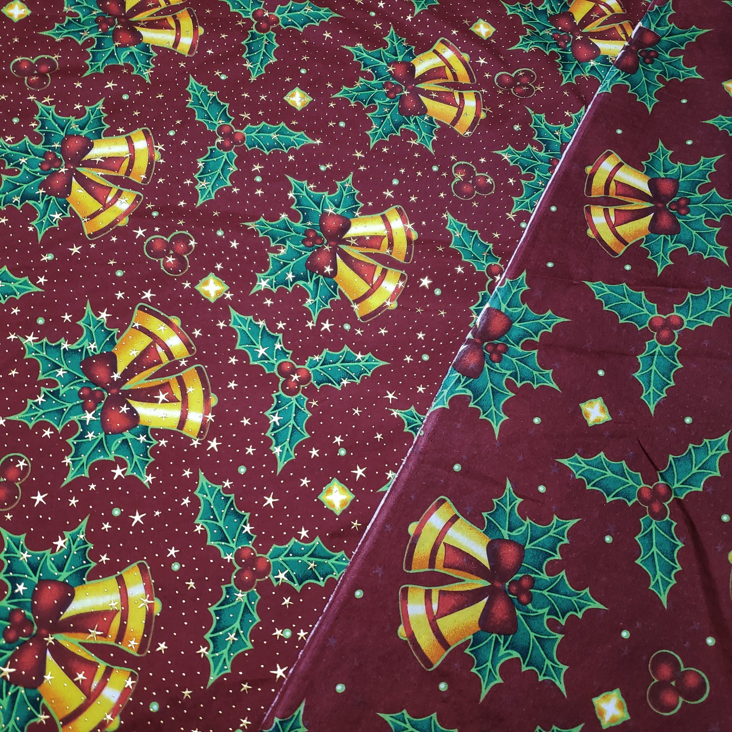 Christmas Bells and Holly Mistletoe with Gold Metallic Stars and Dots Poly Cotton Woven Fabric