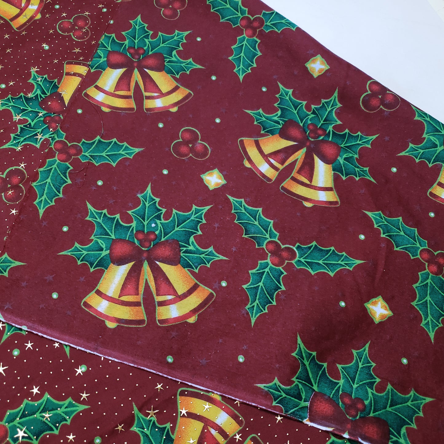 Christmas Bells and Holly Mistletoe with Gold Metallic Stars and Dots Poly Cotton Woven Fabric