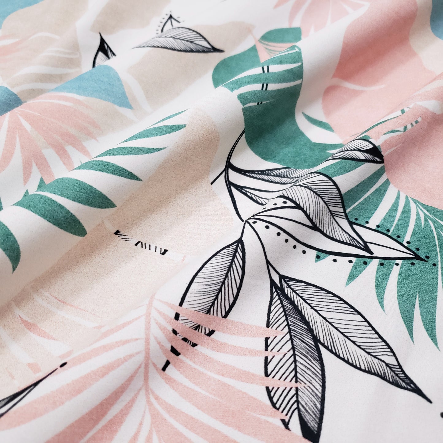 Desaturated Pastel Tropical Foliage Print Nylon Spandex Fabric