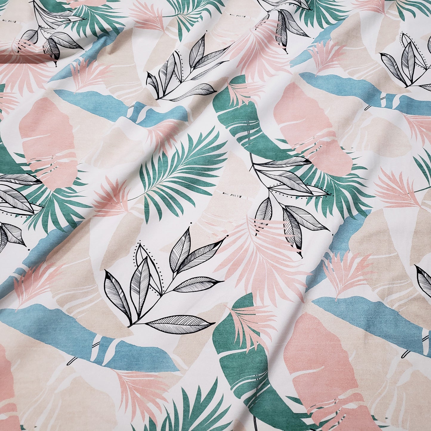 Desaturated Pastel Tropical Foliage Print Nylon Spandex Fabric