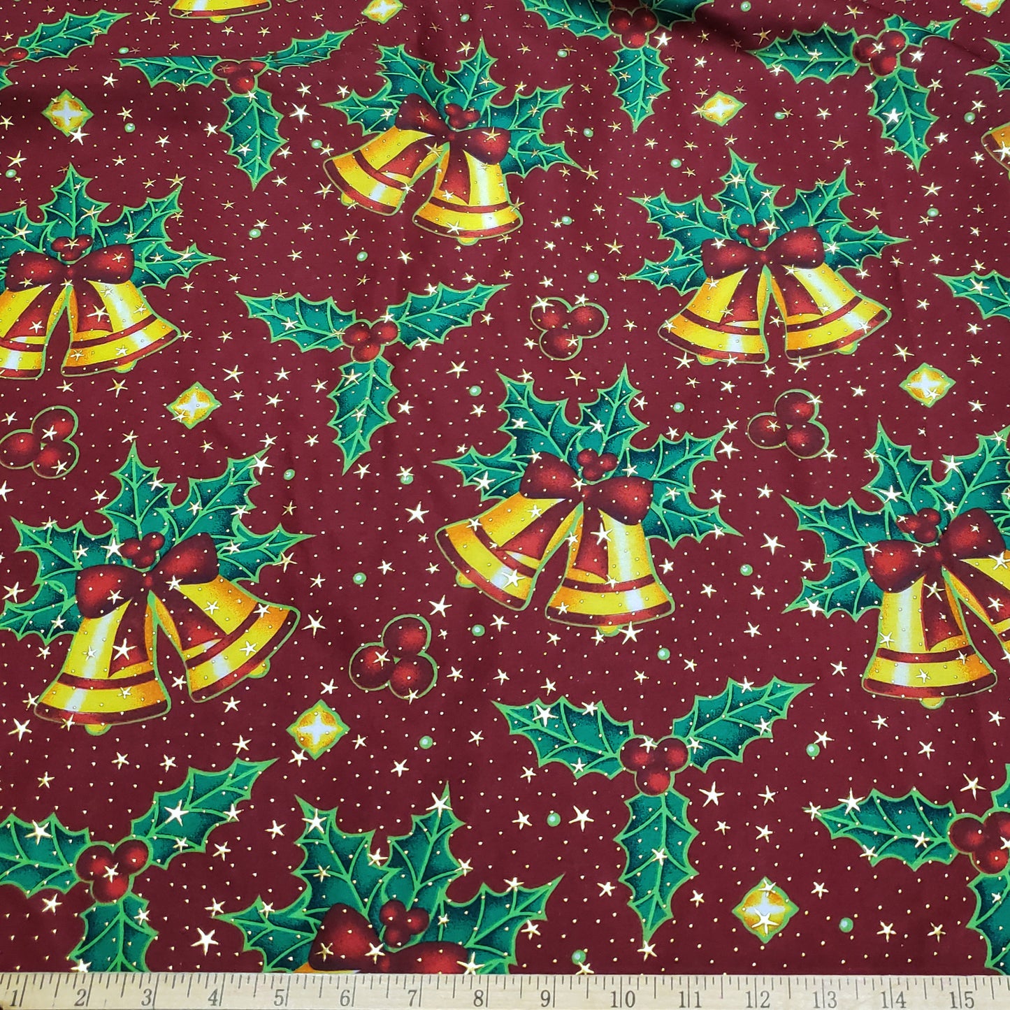 Christmas Bells and Holly Mistletoe with Gold Metallic Stars and Dots Poly Cotton Woven Fabric