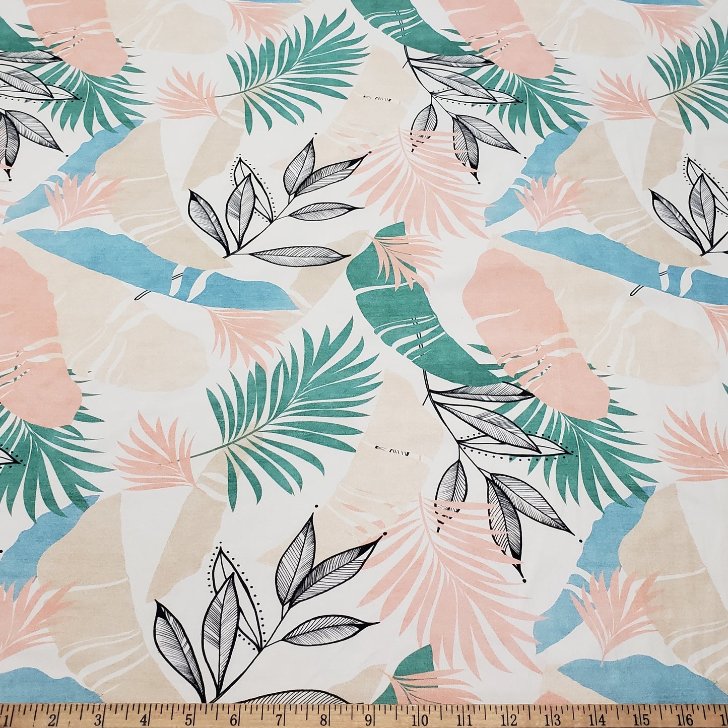 Desaturated Pastel Tropical Foliage Print Nylon Spandex Fabric