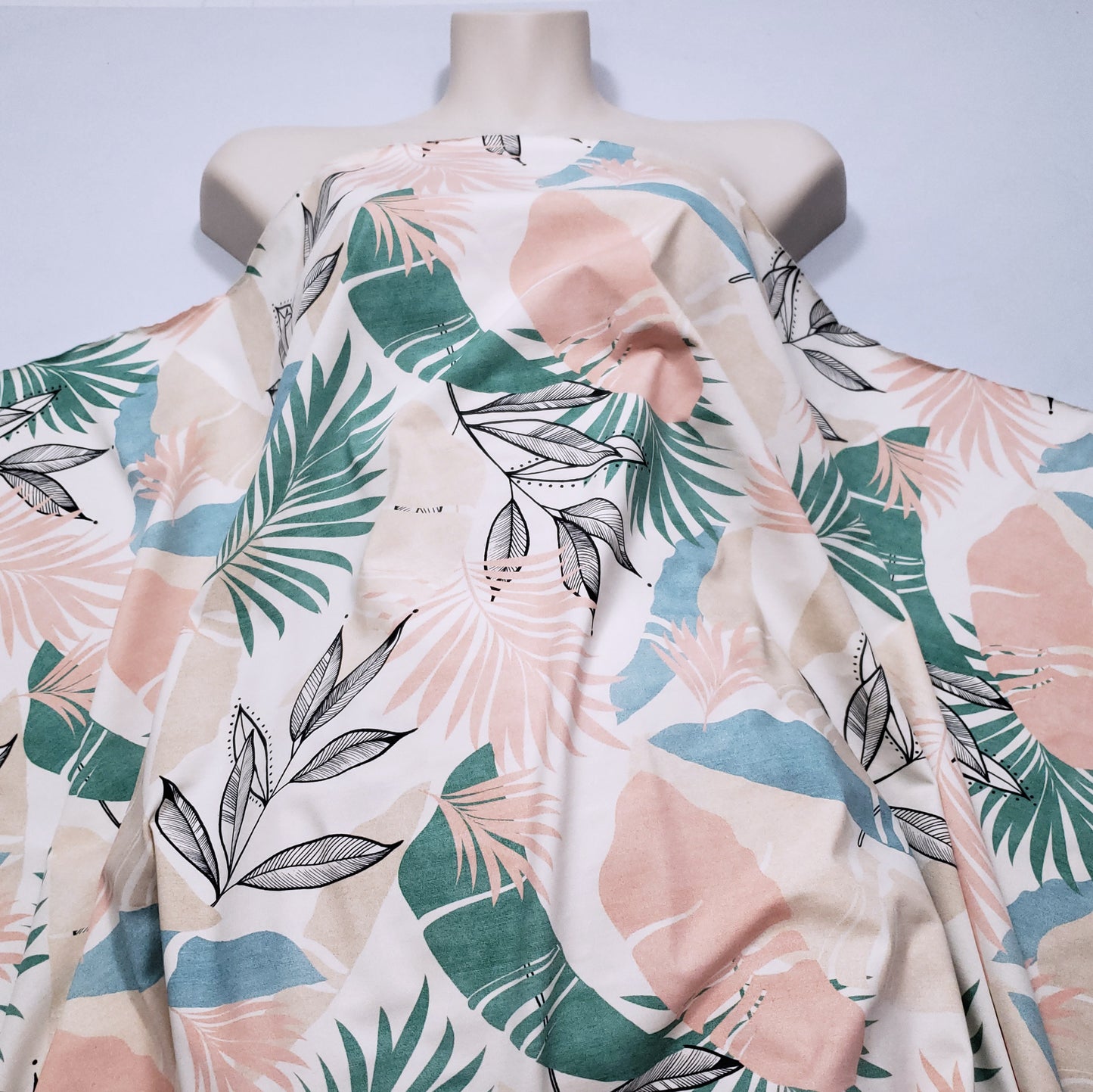 Desaturated Pastel Tropical Foliage Print Nylon Spandex Fabric