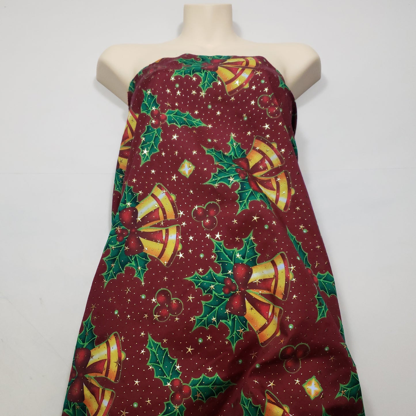 Christmas Bells and Holly Mistletoe with Gold Metallic Stars and Dots Poly Cotton Woven Fabric
