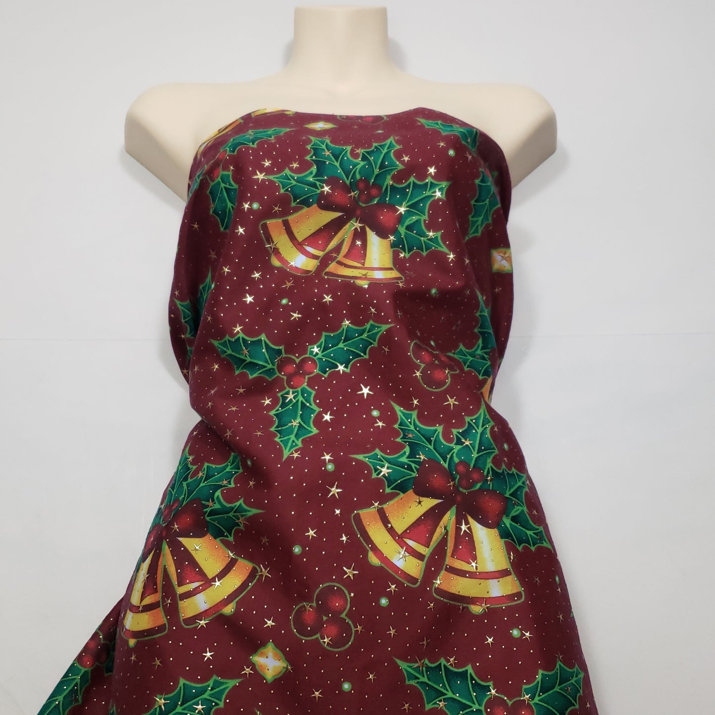 Christmas Bells and Holly Mistletoe with Gold Metallic Stars and Dots Poly Cotton Woven Fabric