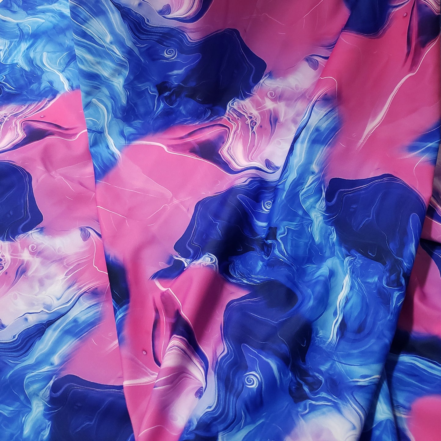 Blue and Pink Cotton Candy Oily Print 4-Way Stretch Nylon Spandex Fabric