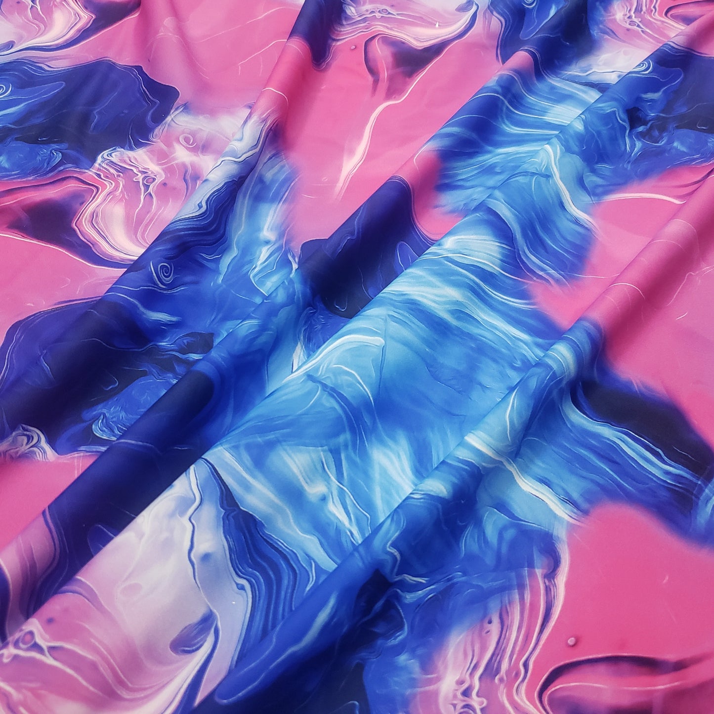 Blue and Pink Cotton Candy Oily Print 4-Way Stretch Nylon Spandex Fabric