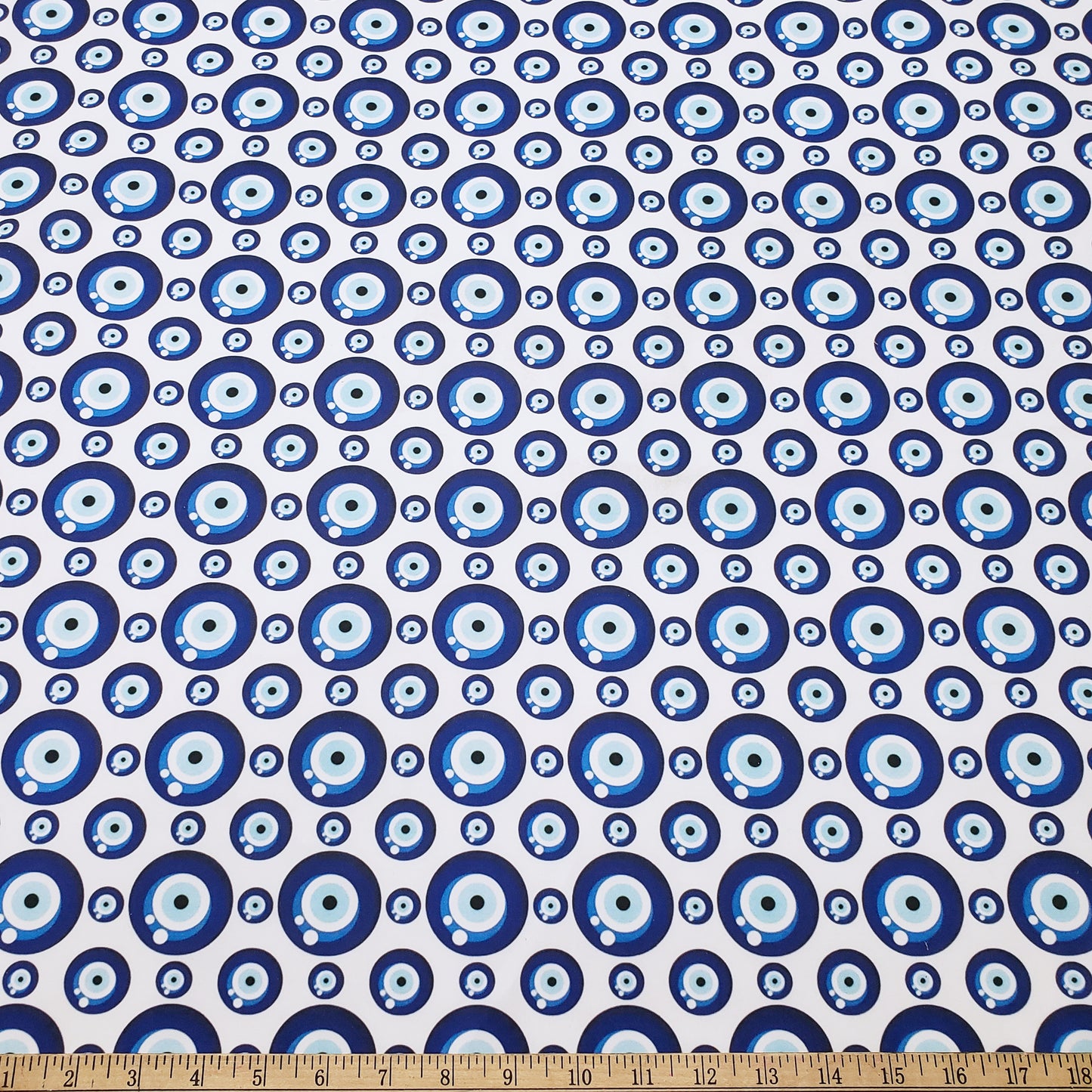 Evil Eye Nazar Print Fabric – Navy, Royal & Light Blue Eyes on White 4-way Stretch Poly Spandex