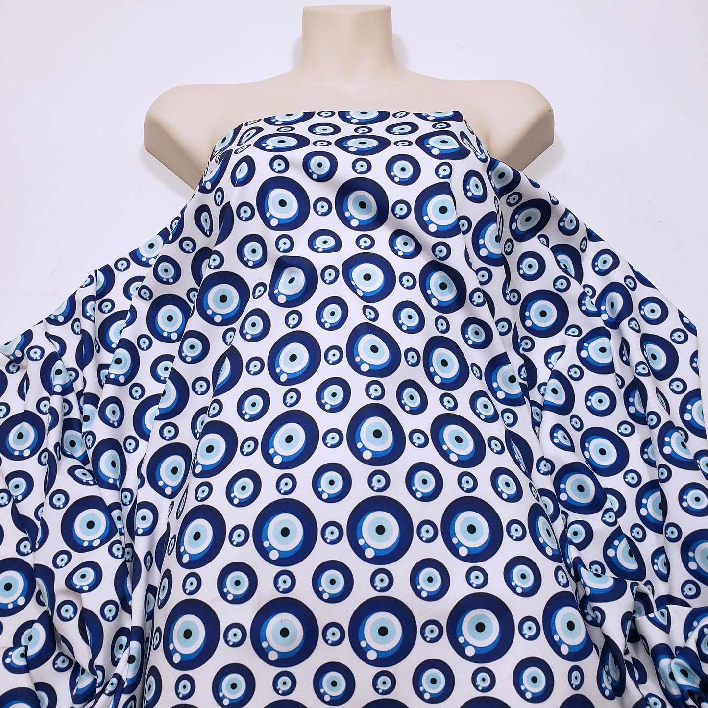Evil Eye Nazar Print Fabric – Navy, Royal & Light Blue Eyes on White 4-way Stretch Poly Spandex