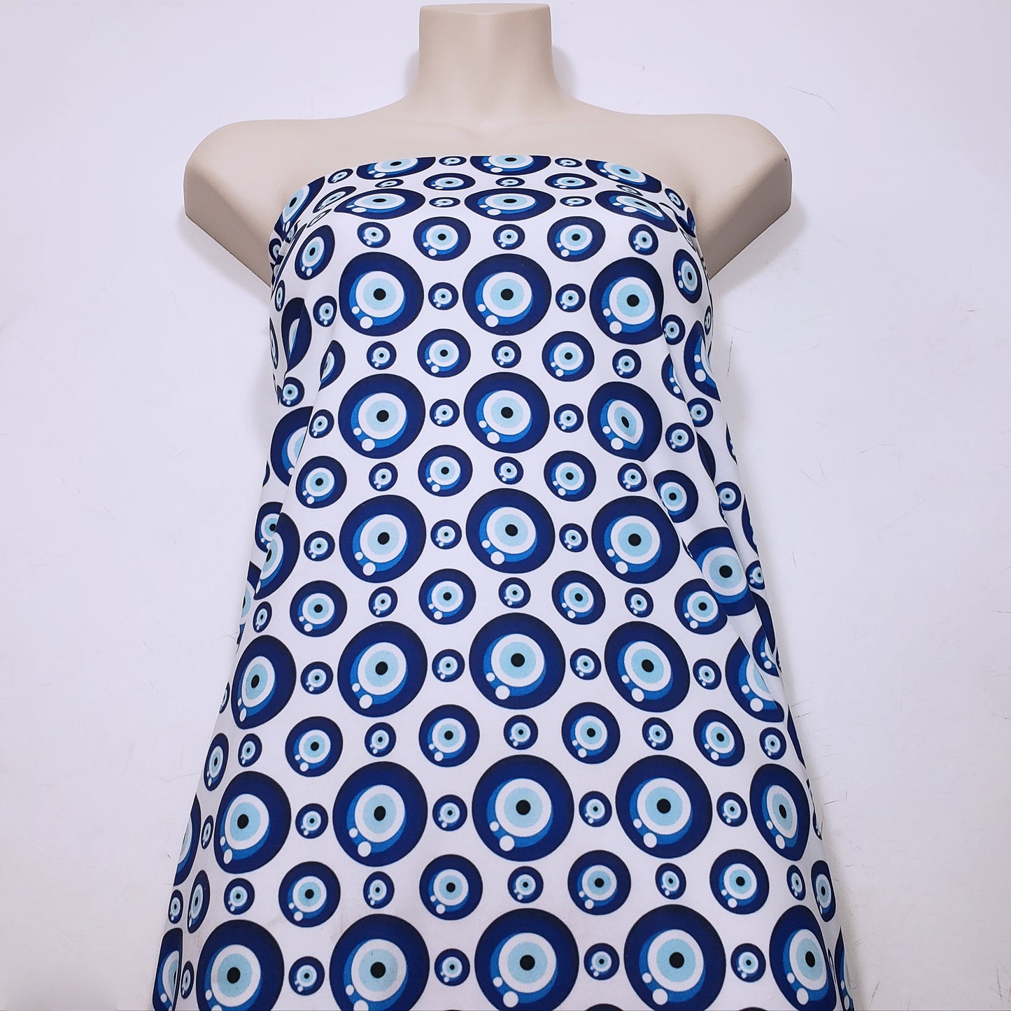 Evil Eye Nazar Print Fabric – Navy, Royal & Light Blue Eyes on White 4-way Stretch Poly Spandex