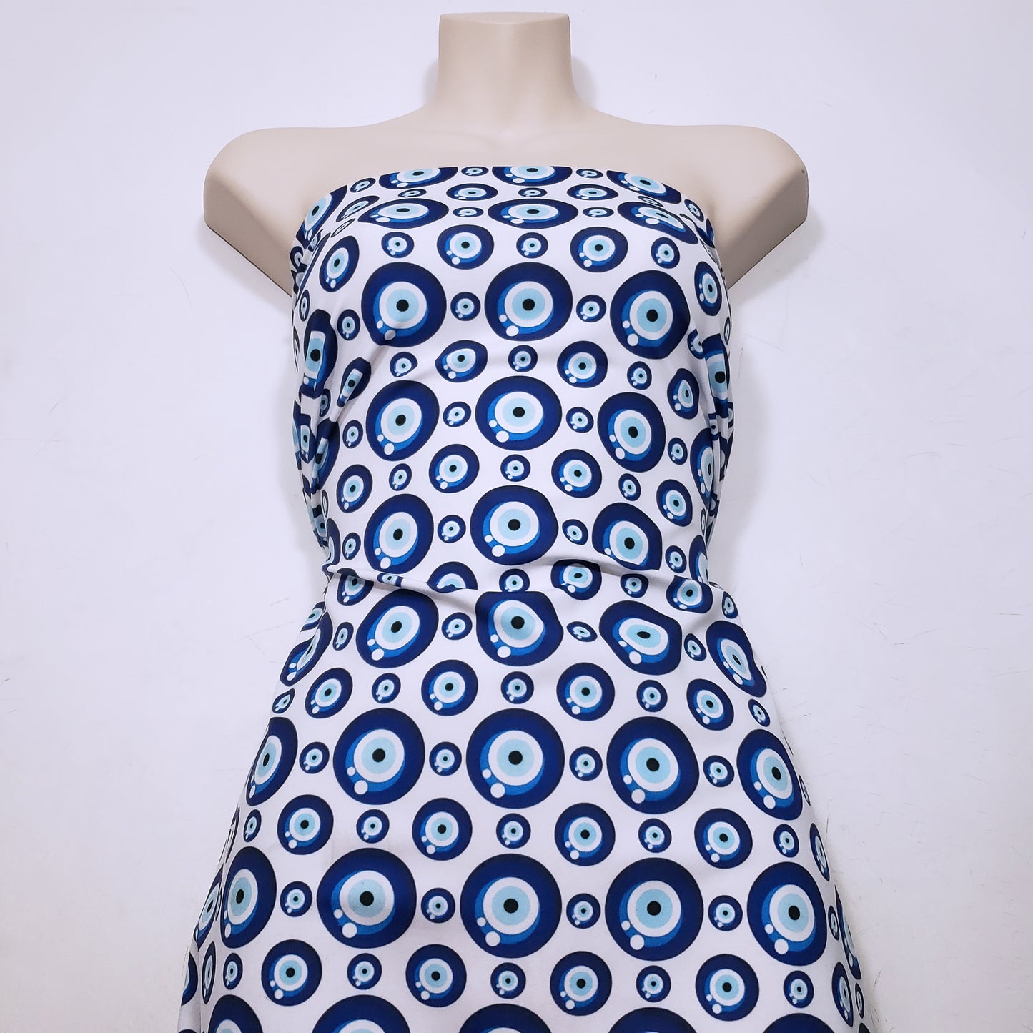 Evil Eye Nazar Print Fabric – Navy, Royal & Light Blue Eyes on White 4-way Stretch Poly Spandex