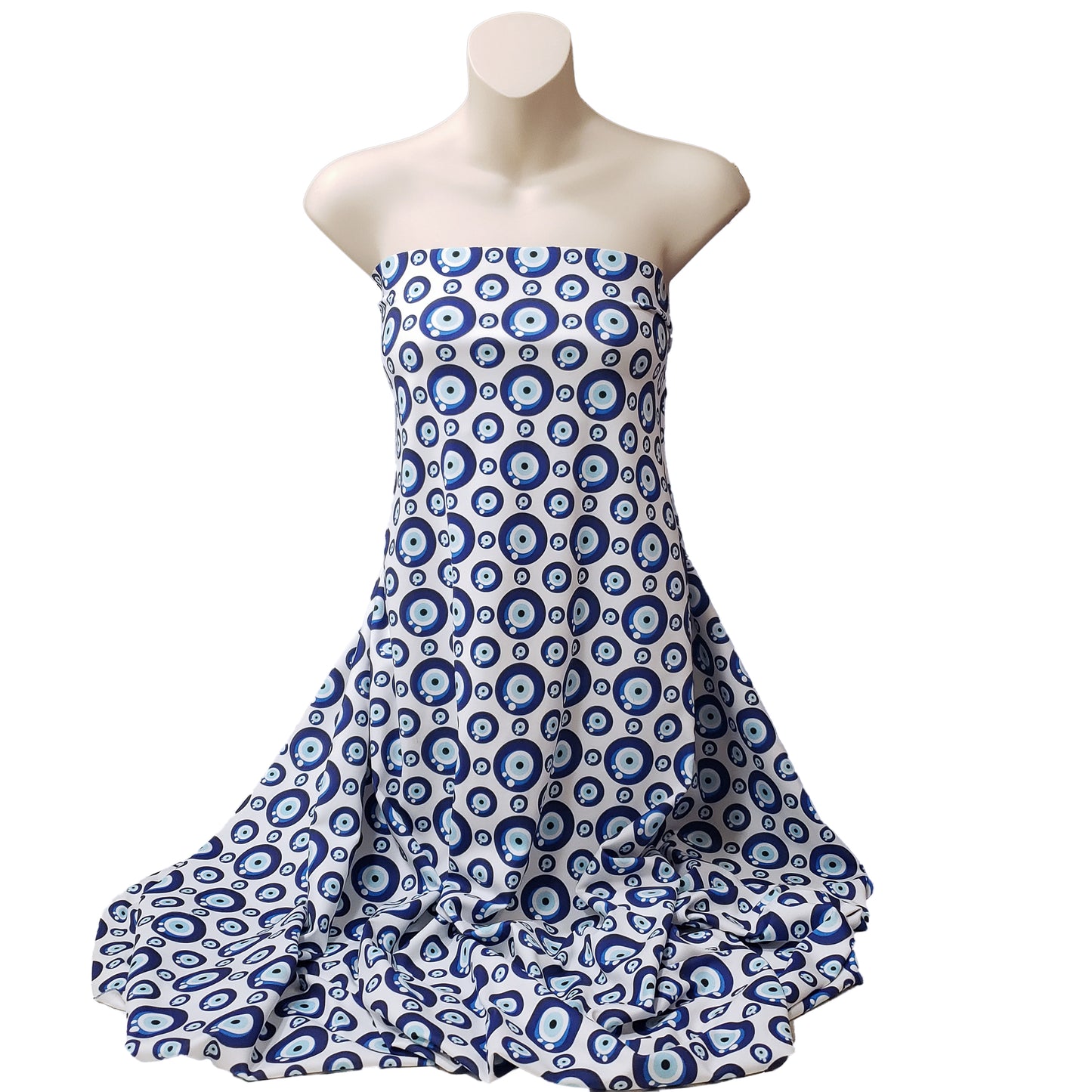 Evil Eye Nazar Print Fabric – Navy, Royal & Light Blue Eyes on White 4-way Stretch Poly Spandex