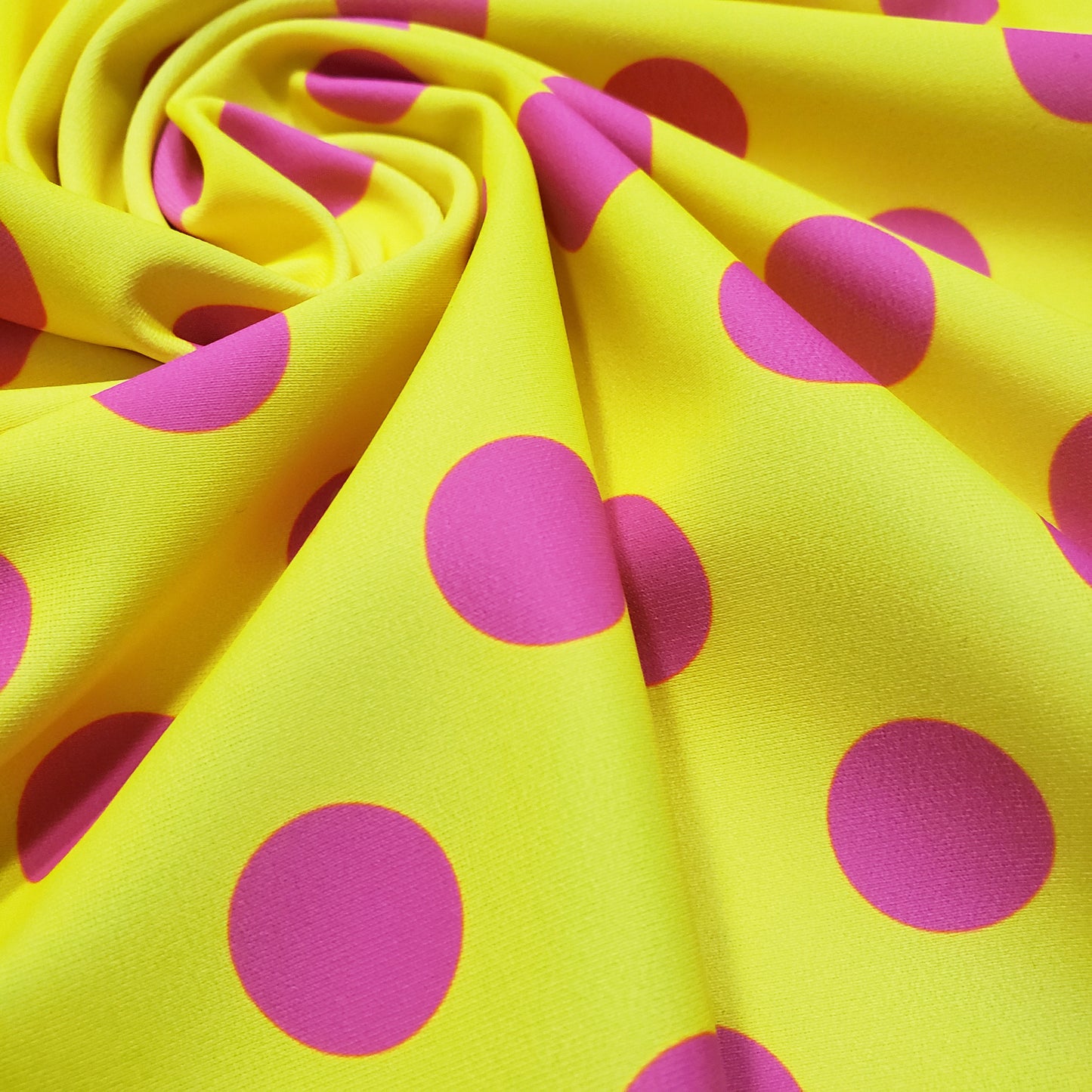 Bright Lemon Yellow & Hot Pink Polka Dot 4-Way Stretch Nylon Spandex Swimsuit Fabric