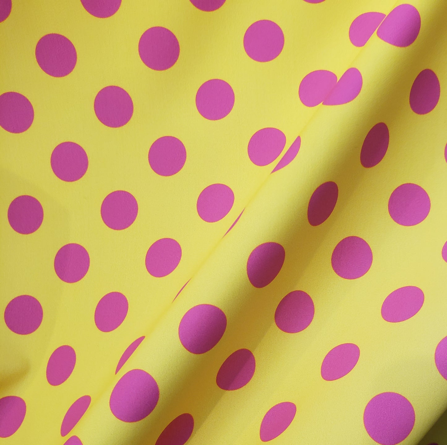 Bright Lemon Yellow & Hot Pink Polka Dot 4-Way Stretch Nylon Spandex Swimsuit Fabric