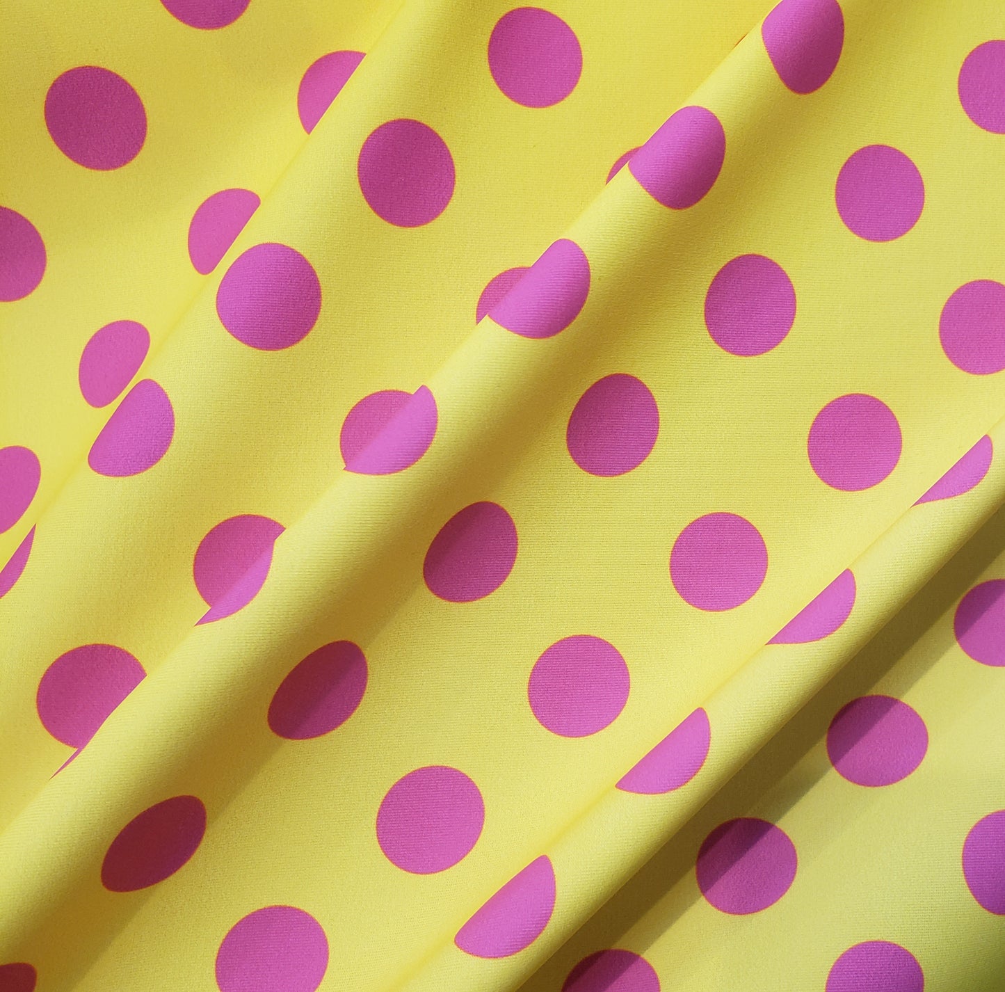 Bright Lemon Yellow & Hot Pink Polka Dot 4-Way Stretch Nylon Spandex Swimsuit Fabric