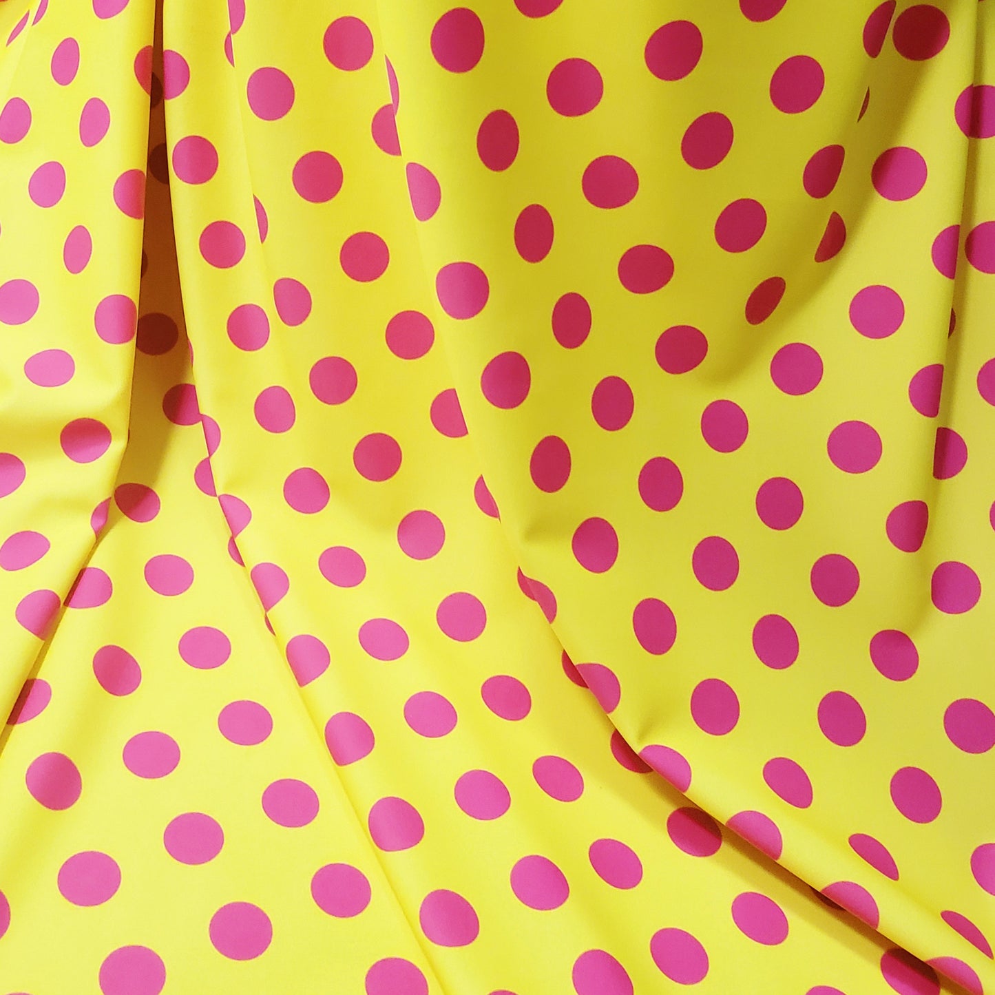 Bright Lemon Yellow & Hot Pink Polka Dot 4-Way Stretch Nylon Spandex Swimsuit Fabric
