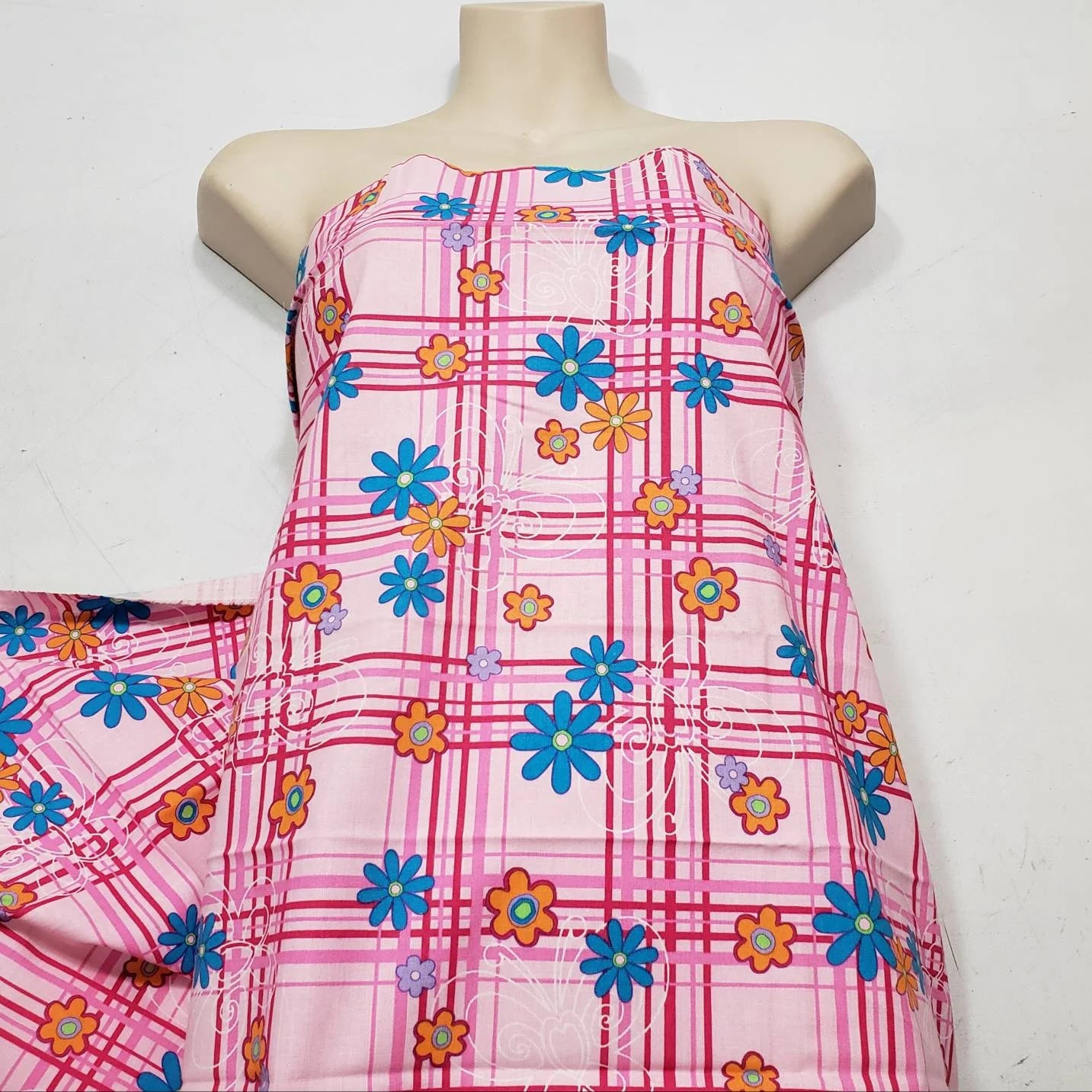 Pink Plaid with Flowers and Butterflies Print Cotton Fabric