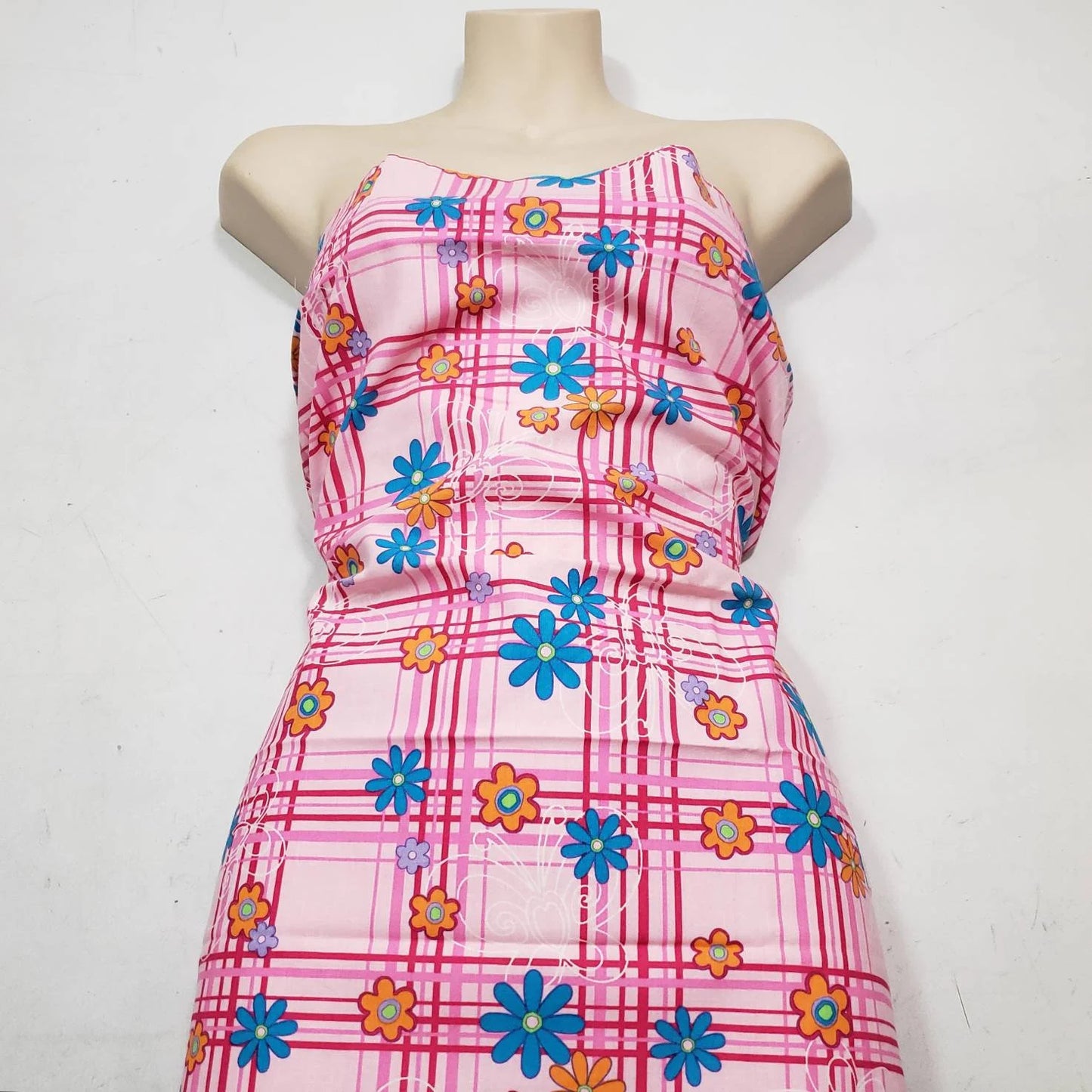 Pink Plaid with Flowers and Butterflies Print Cotton Fabric