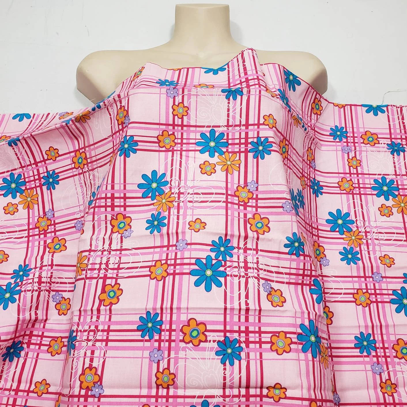 Pink Plaid with Flowers and Butterflies Print Cotton Fabric