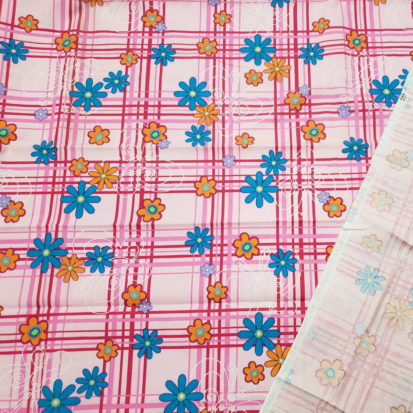 Pink Plaid with Flowers and Butterflies Print Cotton Fabric