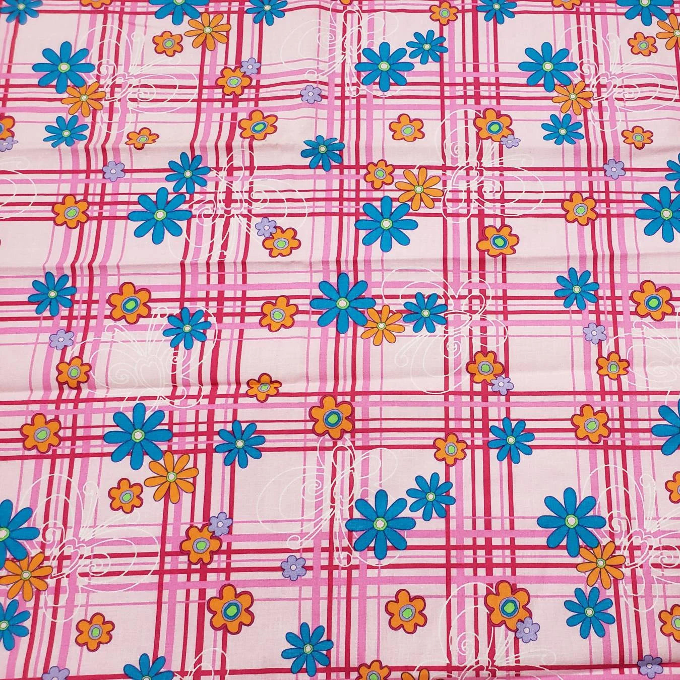 Pink Plaid with Flowers and Butterflies Print Cotton Fabric