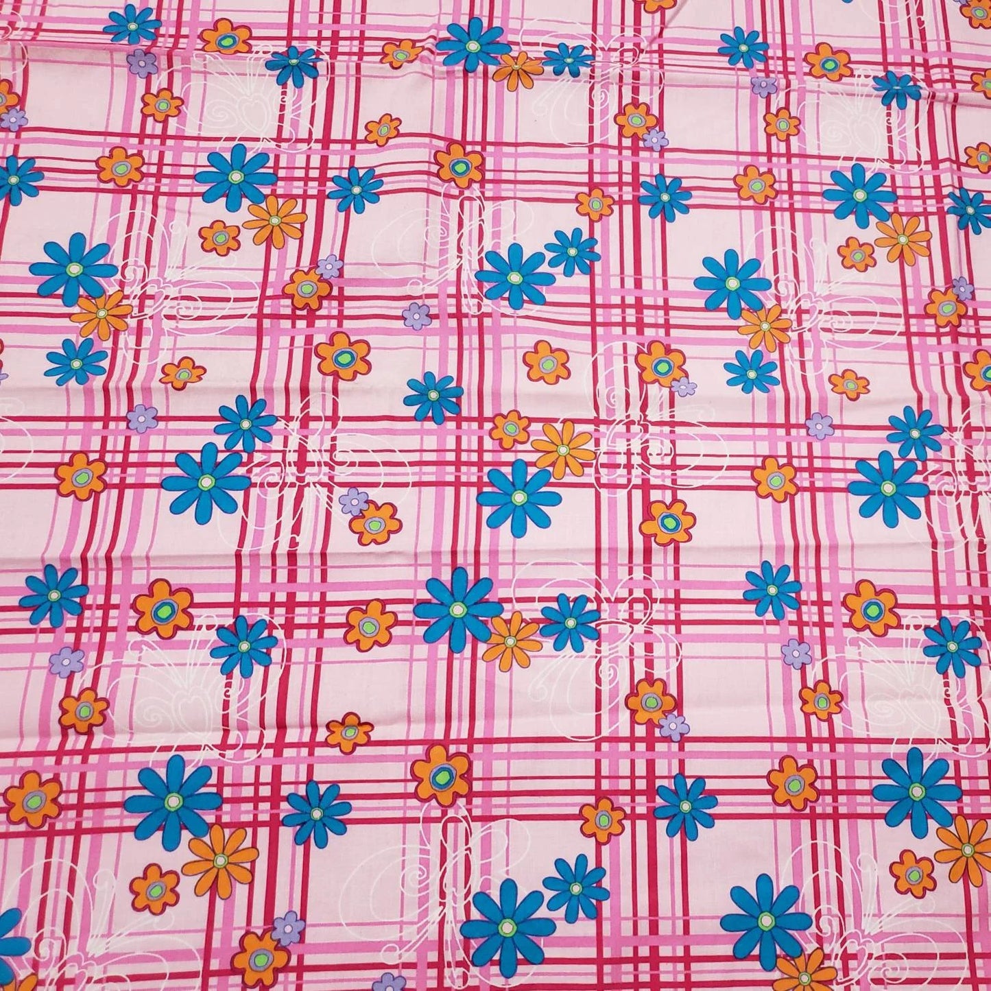 Pink Plaid with Flowers and Butterflies Print Cotton Fabric