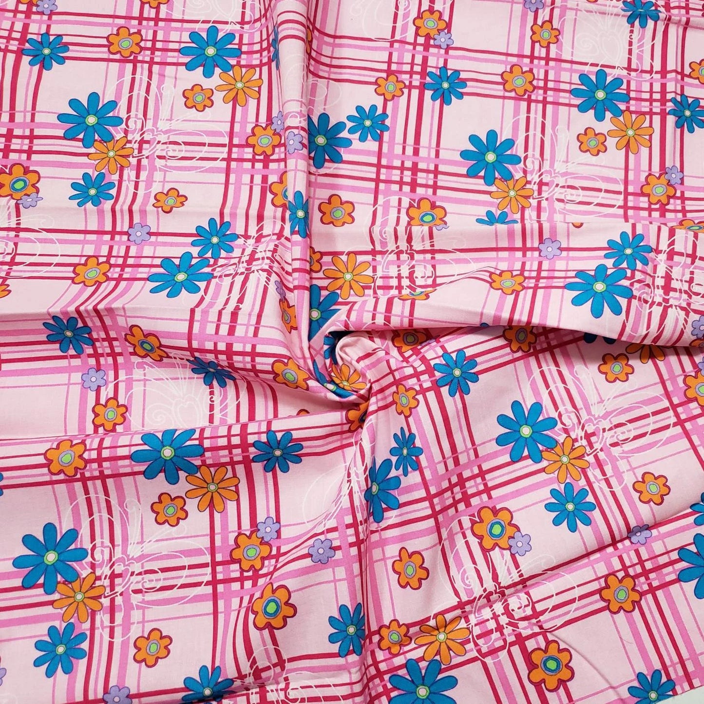 Pink Plaid with Flowers and Butterflies Print Cotton Fabric